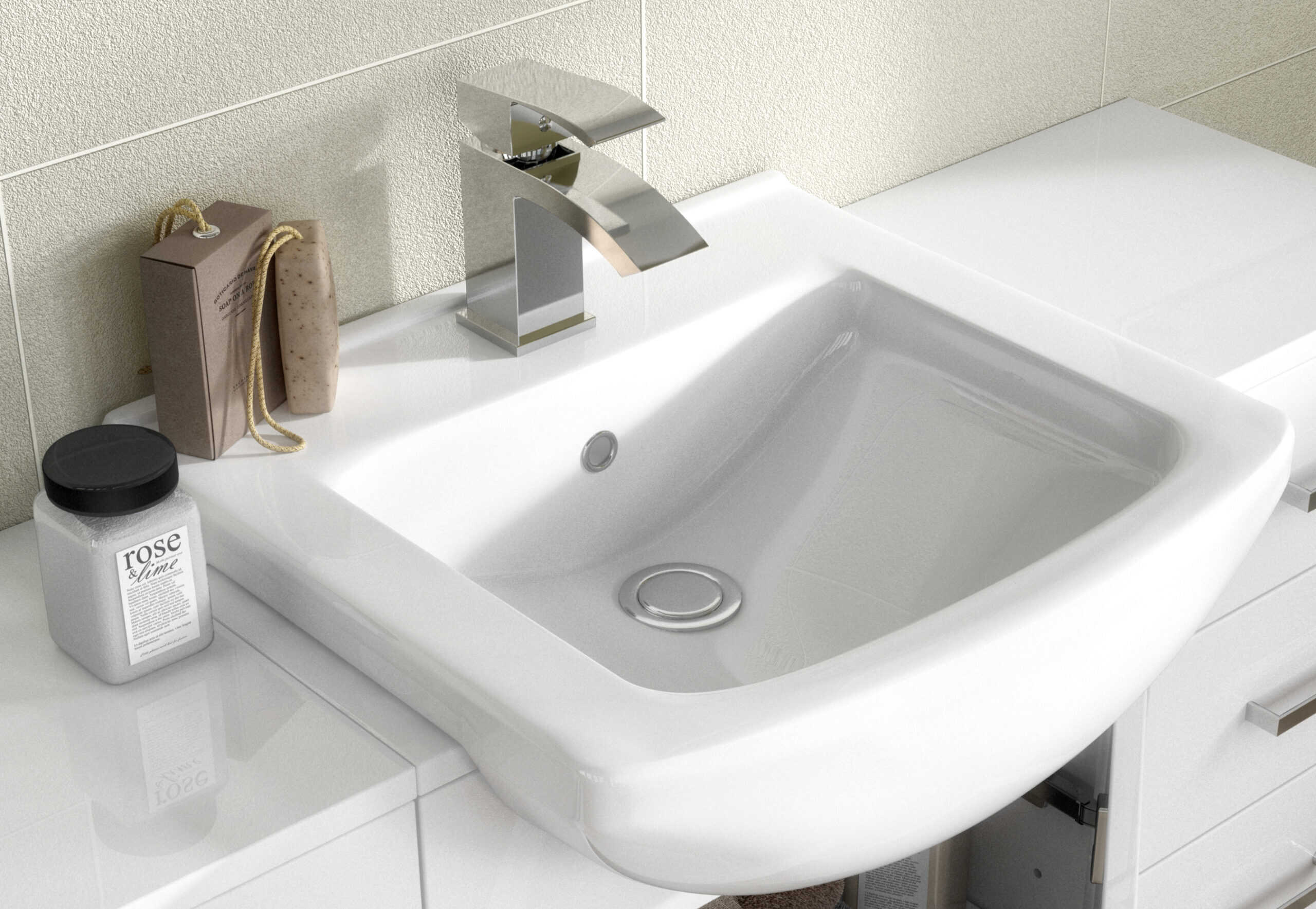 Sleek white bathroom sink with modern chrome faucet, complemented by bathroom accessories including a soap dish, skincare products, and decorative items, ideal for contemporary bathroom designs.