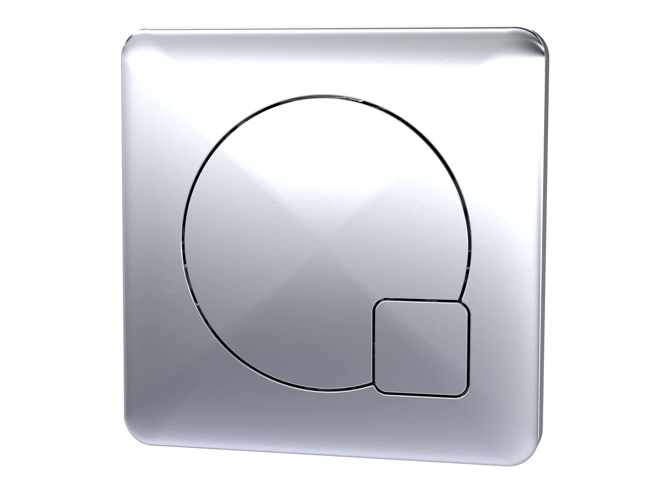 Sleek modern flush button for bathroom toilets with chrome finish, designed for easy installation and stylish bathroom decor.