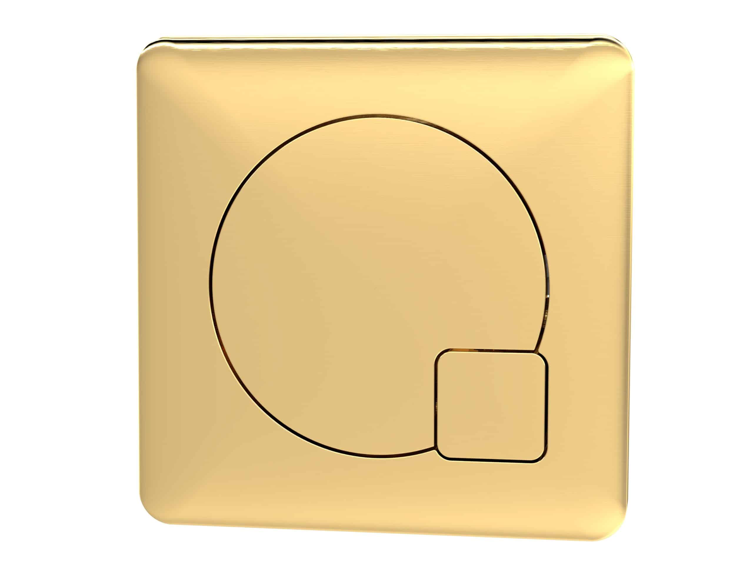 Shiny gold bathroom flush plate with modern round and square button design for luxury bathroom fixtures.