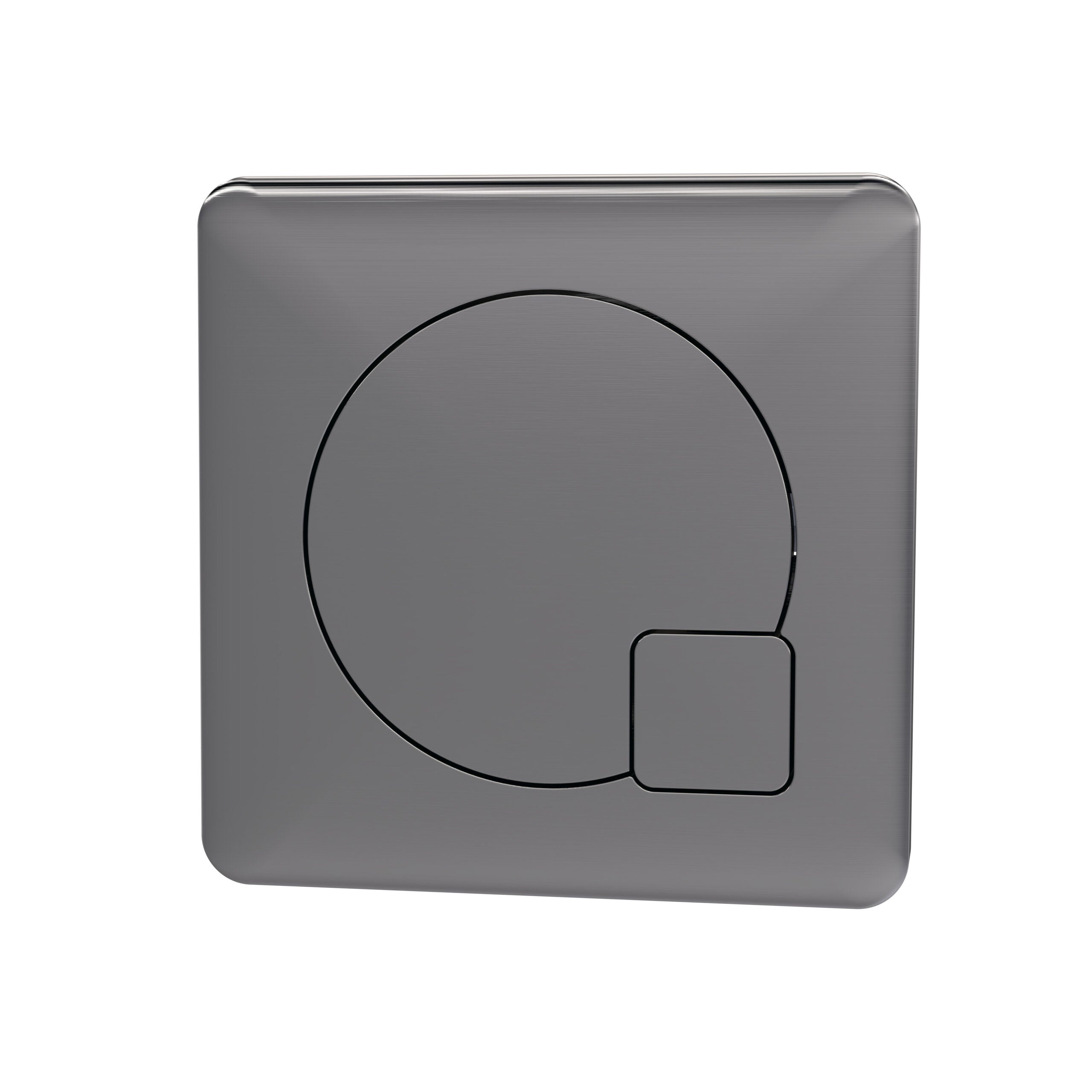 Flush plate for modern bathroom toilet, wall-mounted metallic design. Ideal for contemporary bathroom installations and concealed cistern systems.