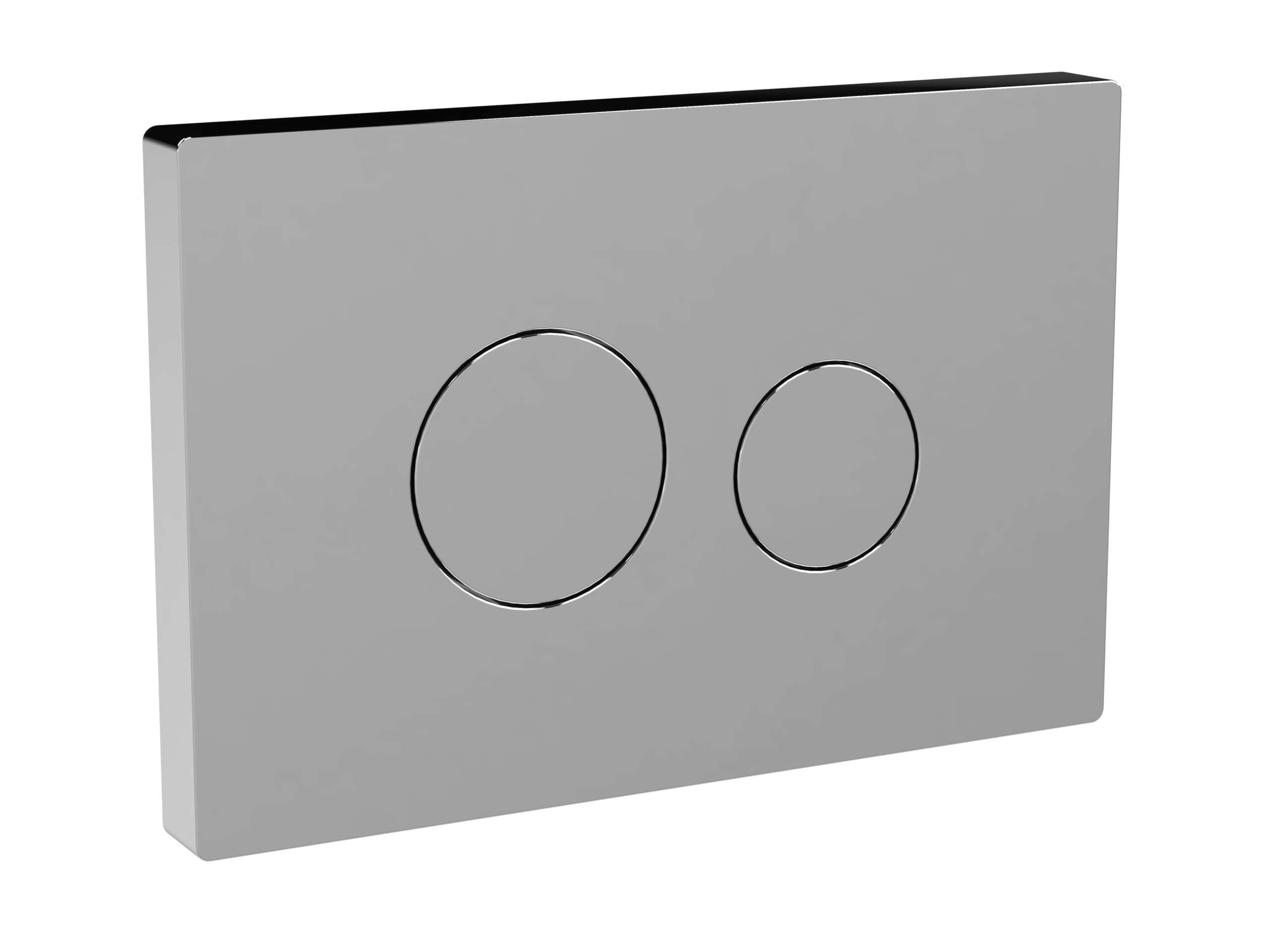 Polished chrome dual flush toilet flush button for modern bathroom design and water-saving efficiency.