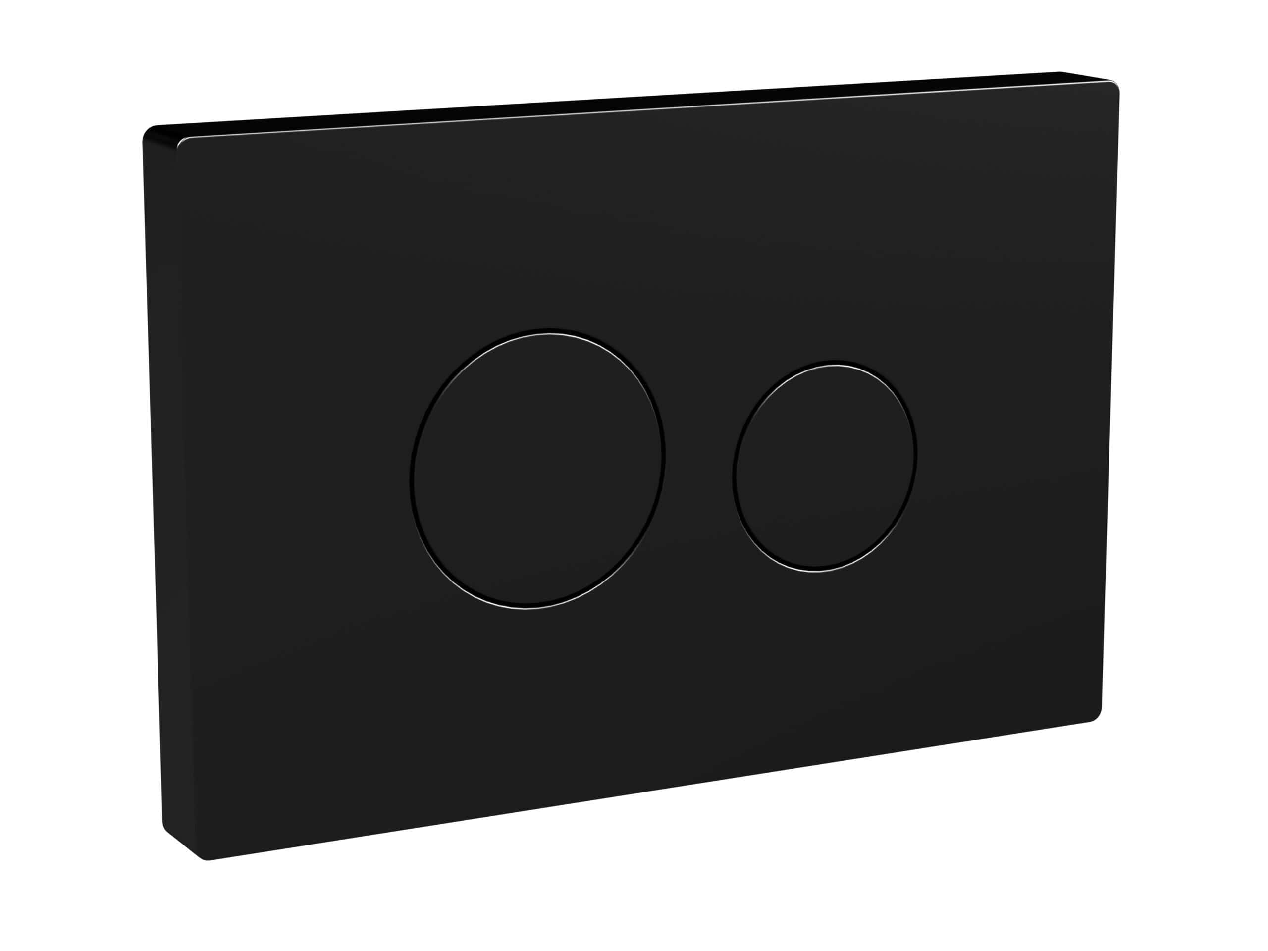 Black dual flush button panel for bathroom toilet cisterns, sleek modern design suitable for concealed cisterns in contemporary bathroom settings.
