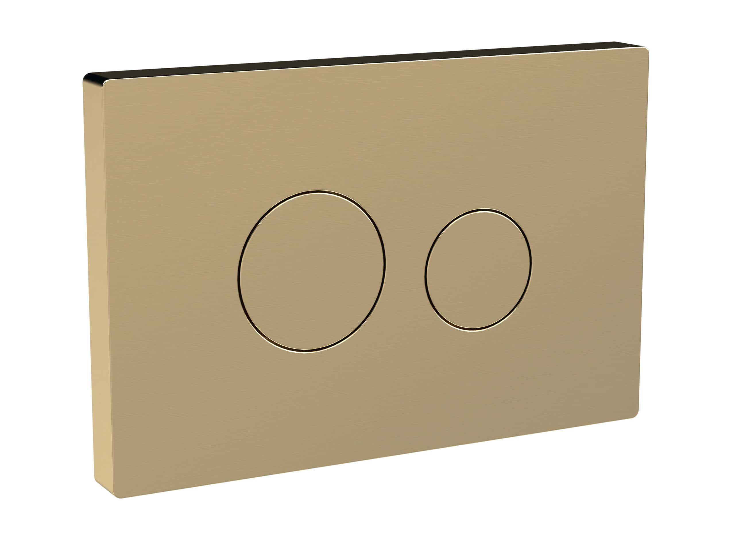 Shower button flush plate in brushed gold finish, modern bathroom accessory from Bubly Bathrooms.