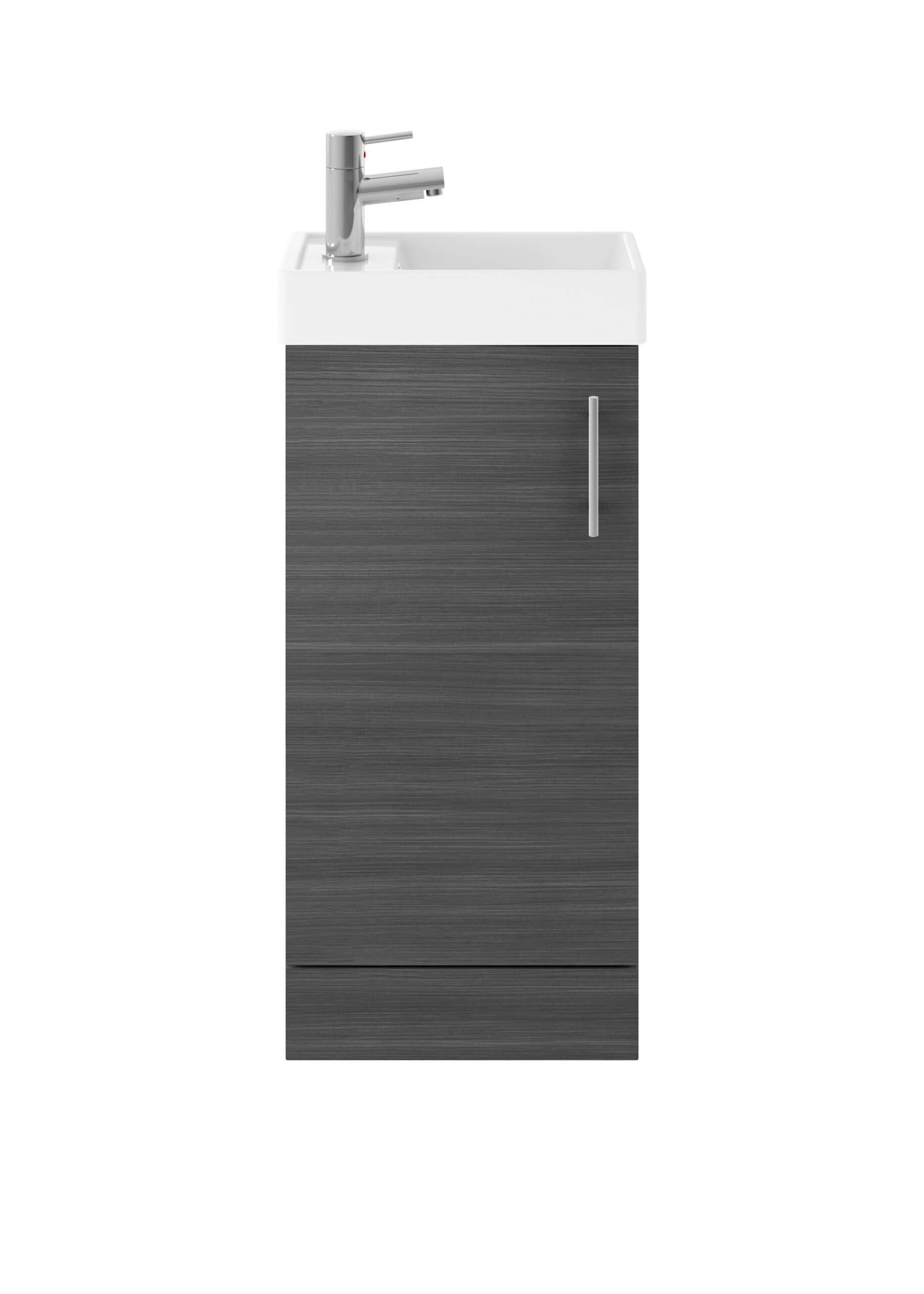 Contemporary bathroom sink cabinet with grey wood finish and white ceramic top, fitted with a modern chrome tap. Ideal for stylish bathroom storage and sink solutions.