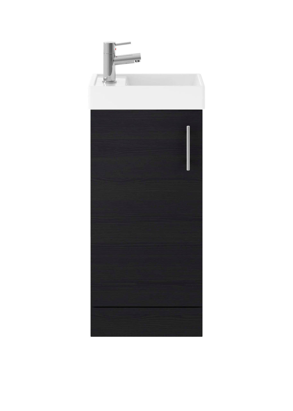 Contemporary bathroom sink unit with black wood-effect cabinet and white ceramic basin with chrome tap. Compact design ideal for modern bathrooms.