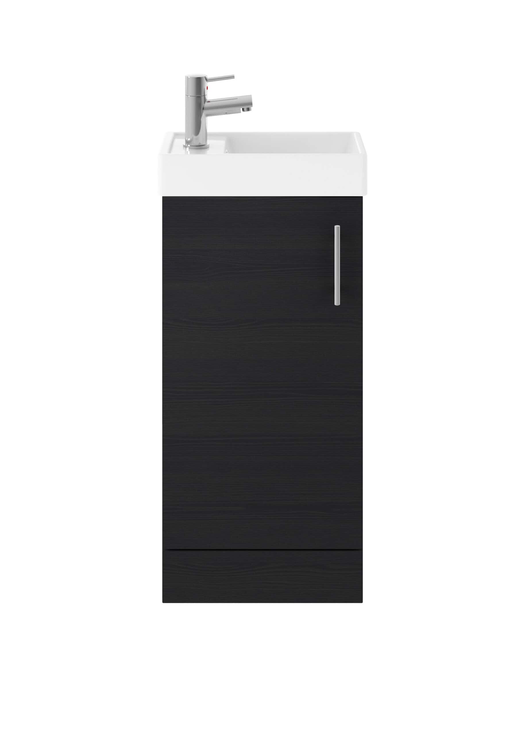 Contemporary bathroom sink unit with black wood-effect cabinet and white ceramic basin with chrome tap. Compact design ideal for modern bathrooms.