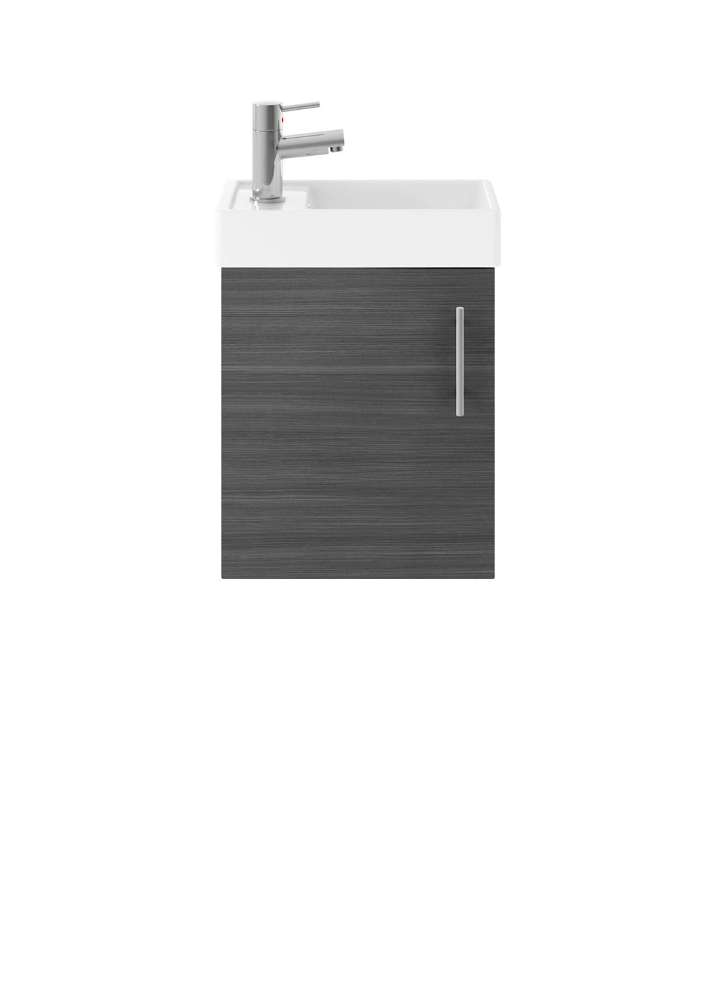 Chrome bathroom vanity unit with integrated sink and sleek grey wood finish, ideal for modern bathroom design. Durable, compact, and stylish storage solution for a contemporary bathroom.