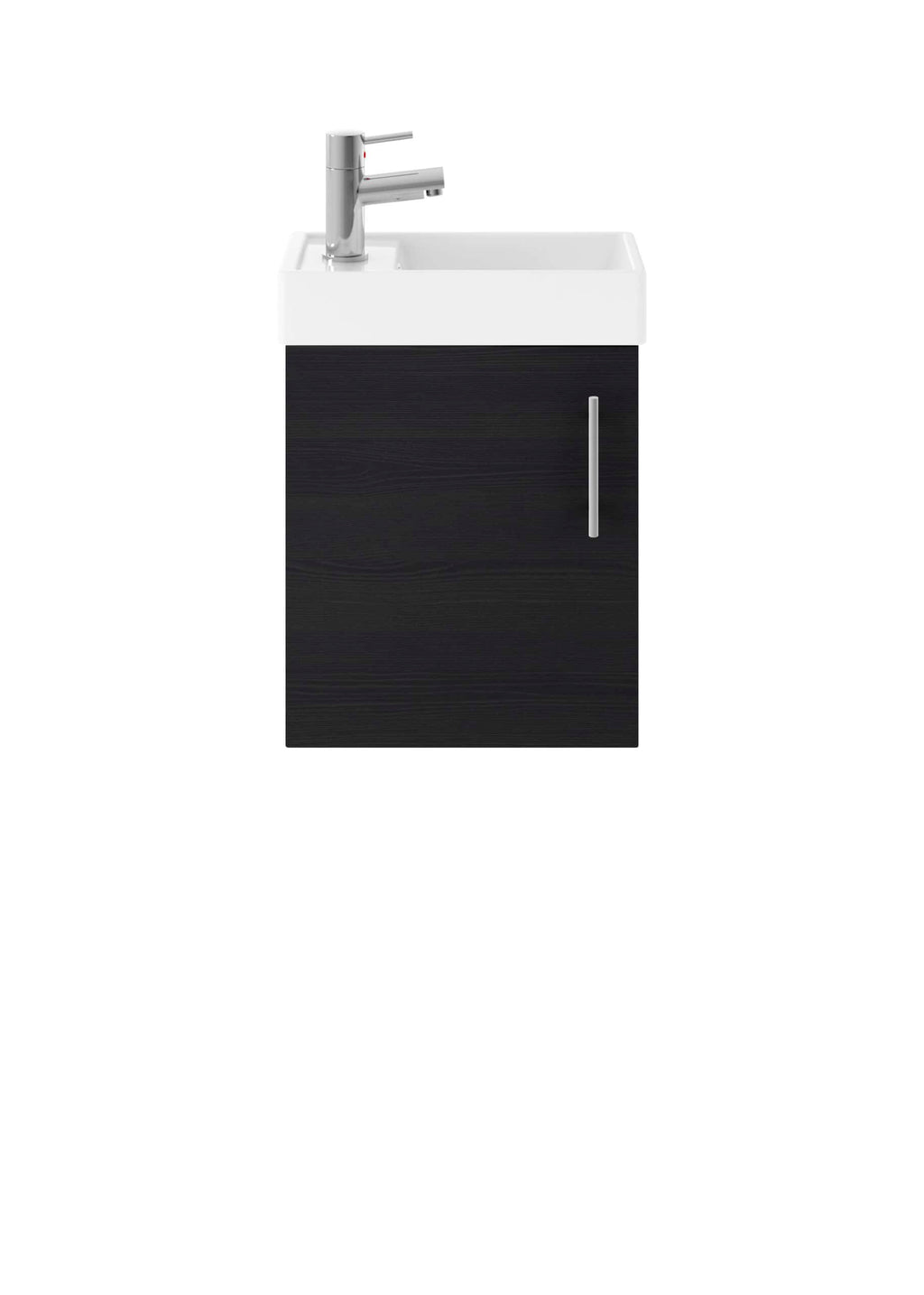 Contemporary bathroom sink with black wooden cabinet, modern chrome tap, and white ceramic basin, ideal for stylish and functional bathroom setups.