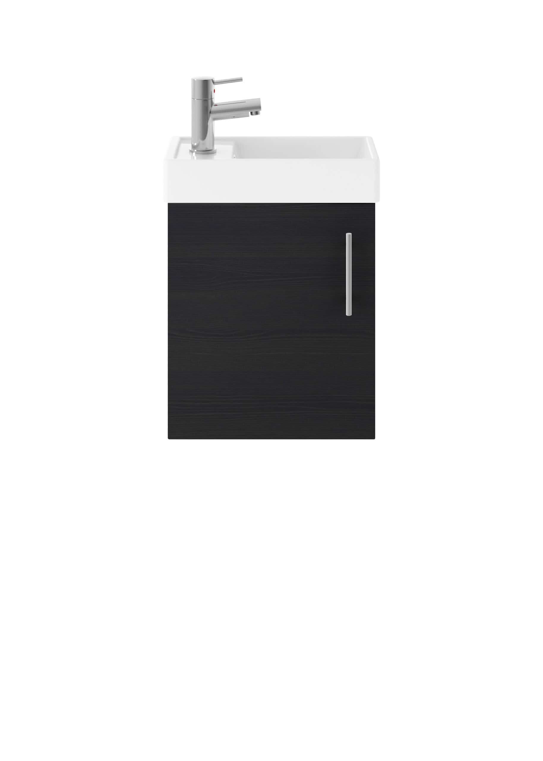 Contemporary bathroom sink with black wooden cabinet, modern chrome tap, and white ceramic basin, ideal for stylish and functional bathroom setups.