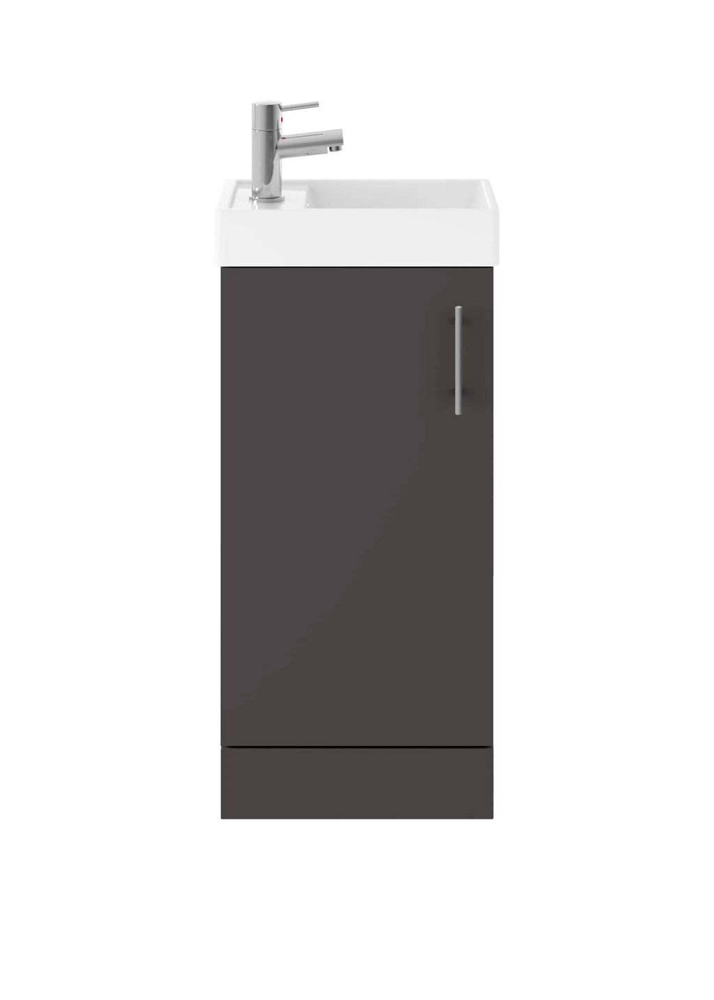 Modern bathroom sink cabinet with integrated white ceramic washbasin and sleek chrome faucet, ideal for contemporary bathroom designs and space-saving solutions.