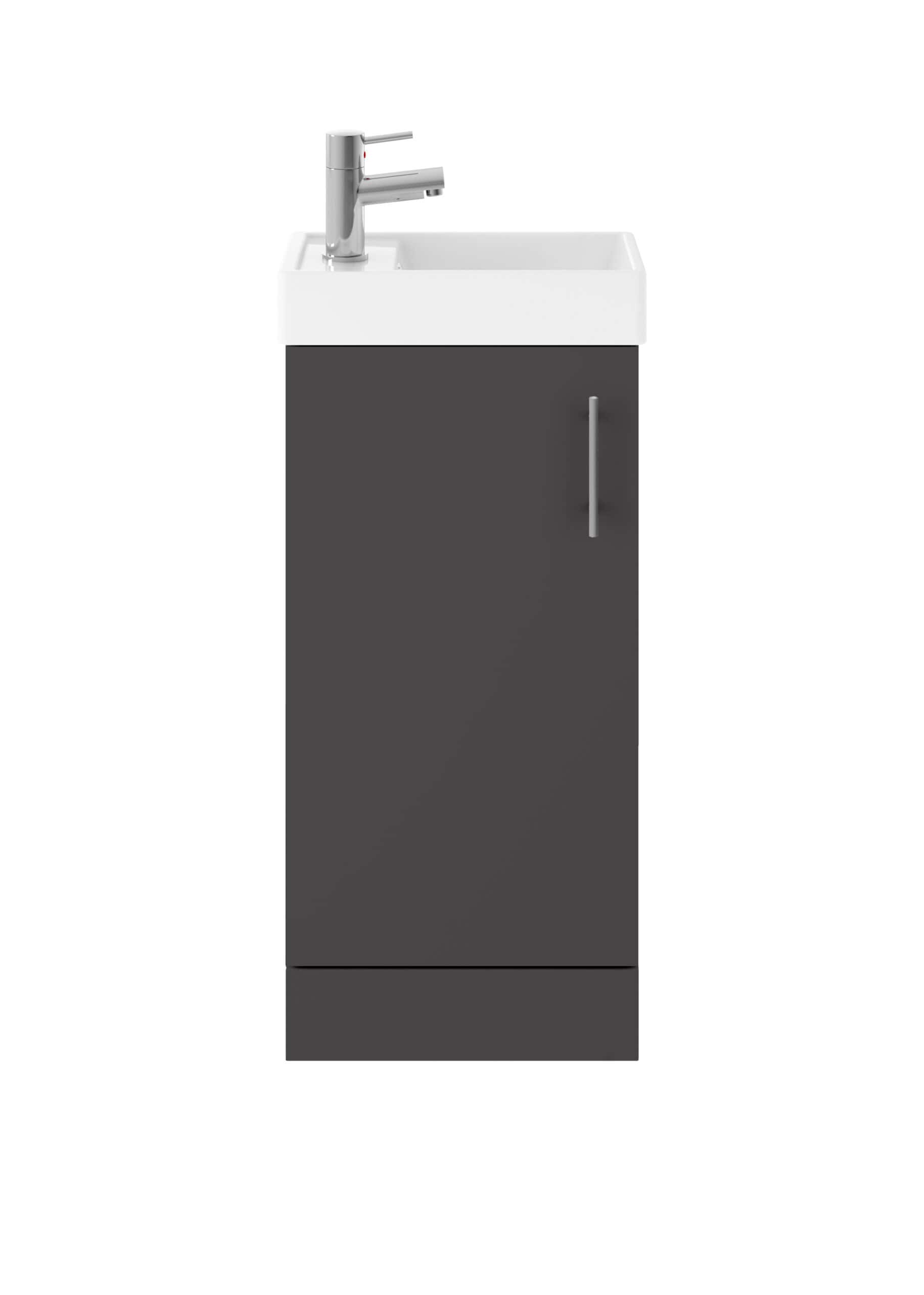 Modern bathroom sink cabinet with integrated white ceramic washbasin and sleek chrome faucet, ideal for contemporary bathroom designs and space-saving solutions.