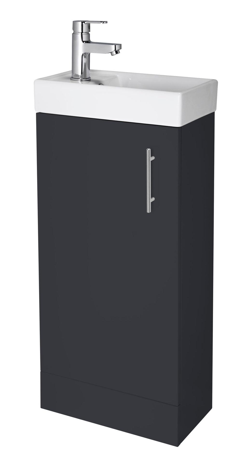 Sink unit with built-in cabinet and modern chrome tap, ideal for contemporary bathrooms, featuring durable grey storage and sleek design for bathroom organisation and style.