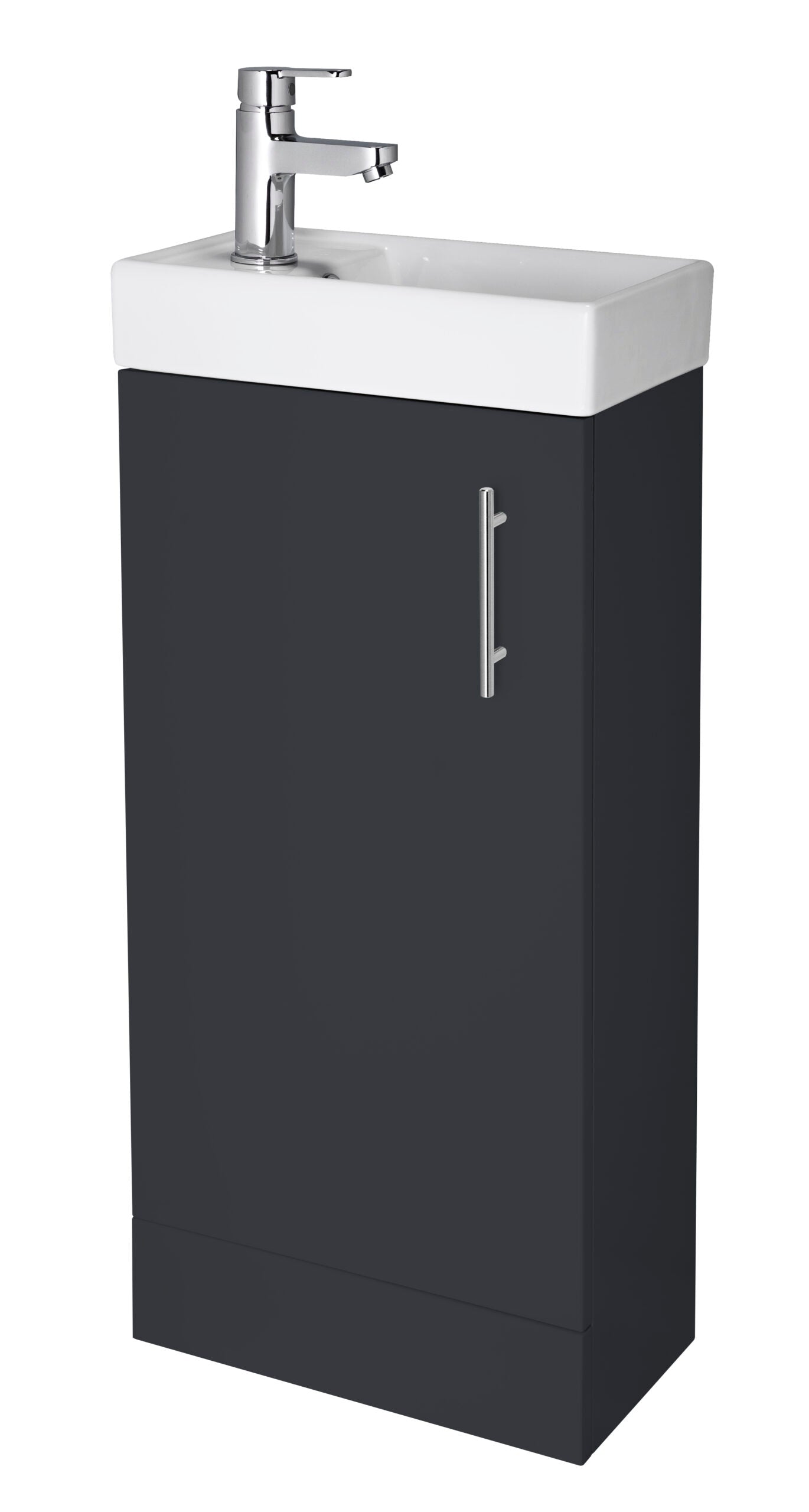 Sink unit with built-in cabinet and modern chrome tap, ideal for contemporary bathrooms, featuring durable grey storage and sleek design for bathroom organisation and style.