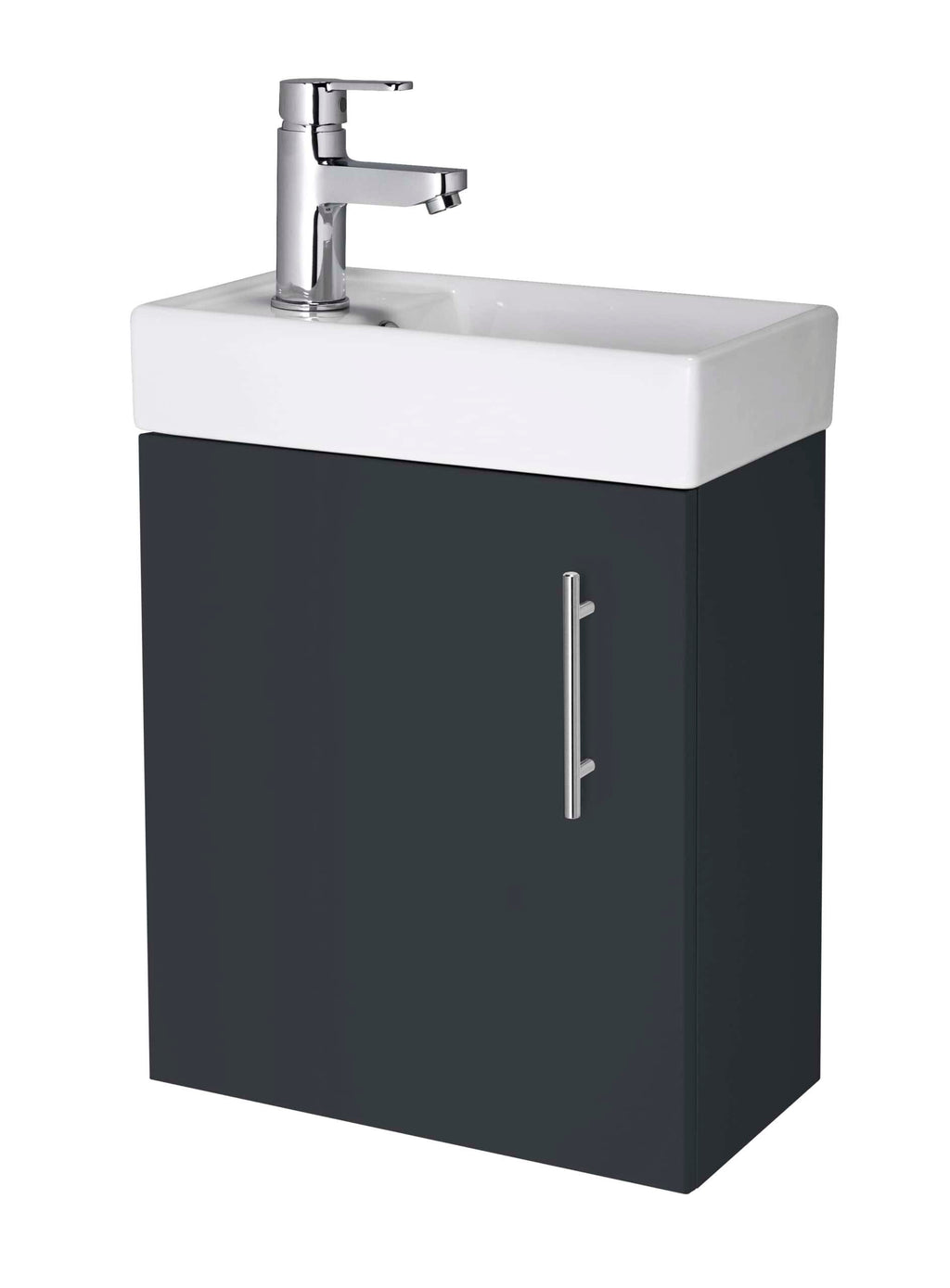 Sleek bathroom sink unit with a modern chrome tap, featuring a white ceramic basin and a dark grey cabinet with a stylish handle for contemporary bathroom decor.