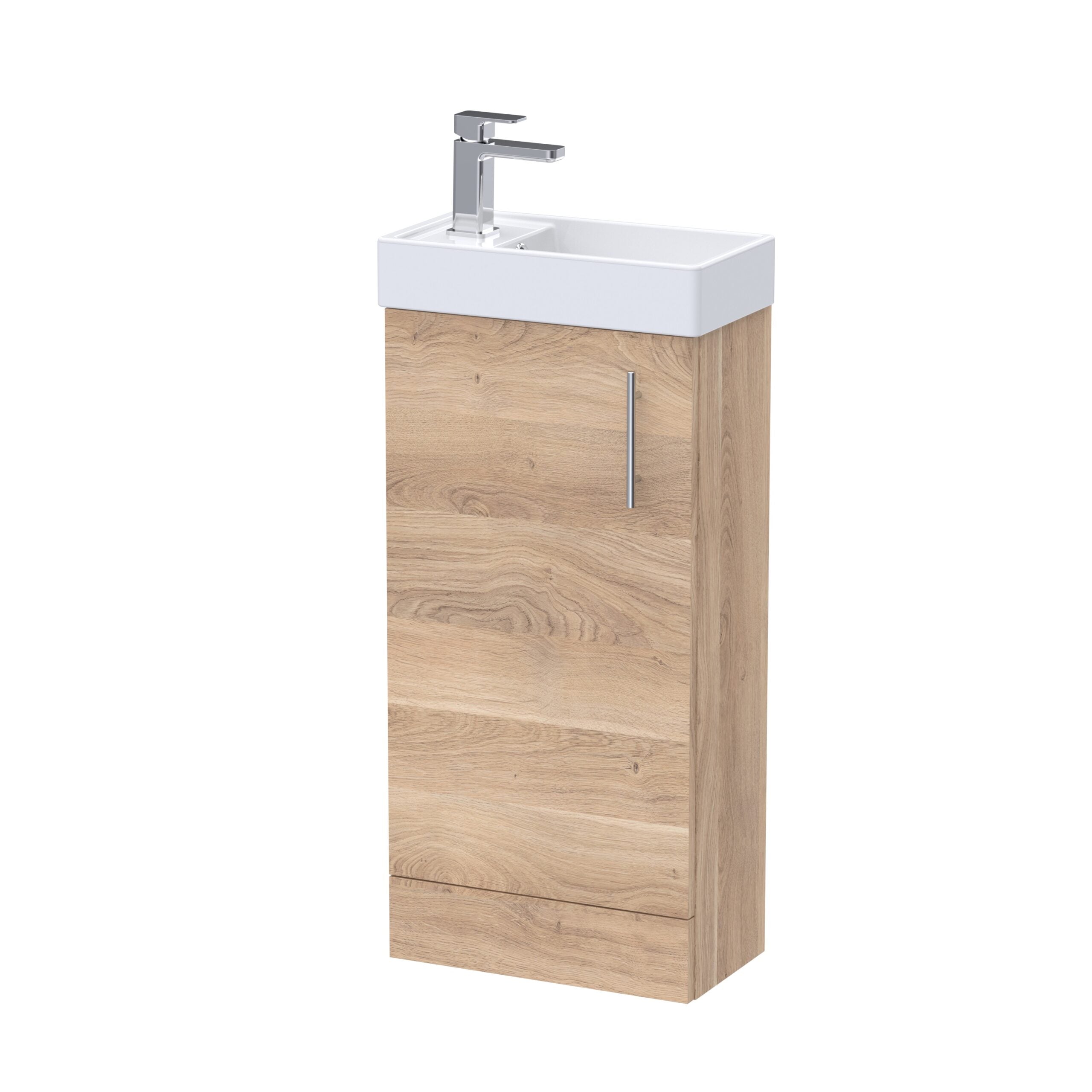 Sustainable bathroom vanity with integrated sink, fitted with a modern chrome faucet, featuring a natural wood finish cabinet for stylish and functional bathroom storage.