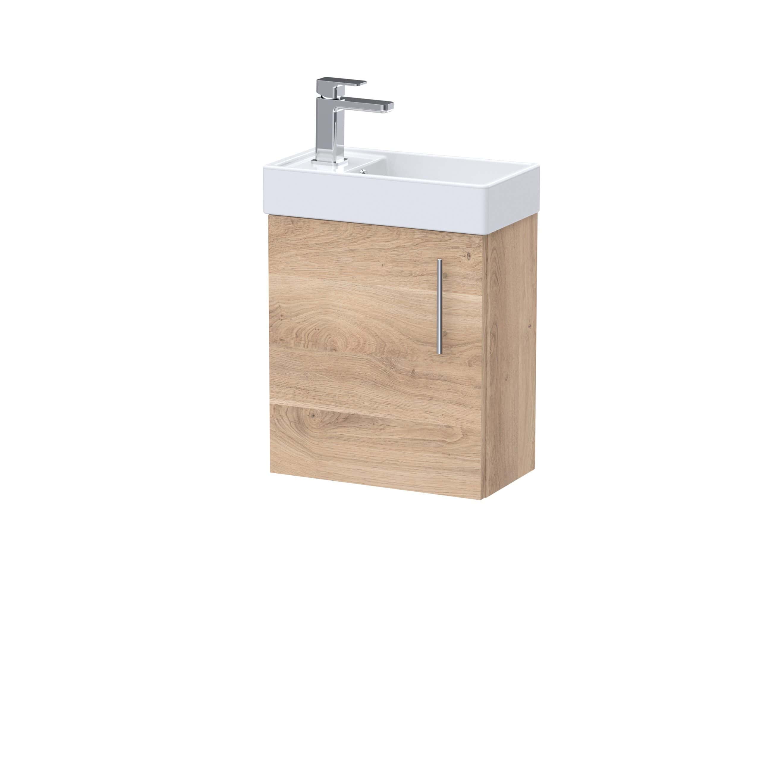 Modern wooden bathroom vanity with built-in sink and chrome faucet, ideal for contemporary bathroom designs. Compact storage cabinet with a sleek handle, perfect for small spaces.