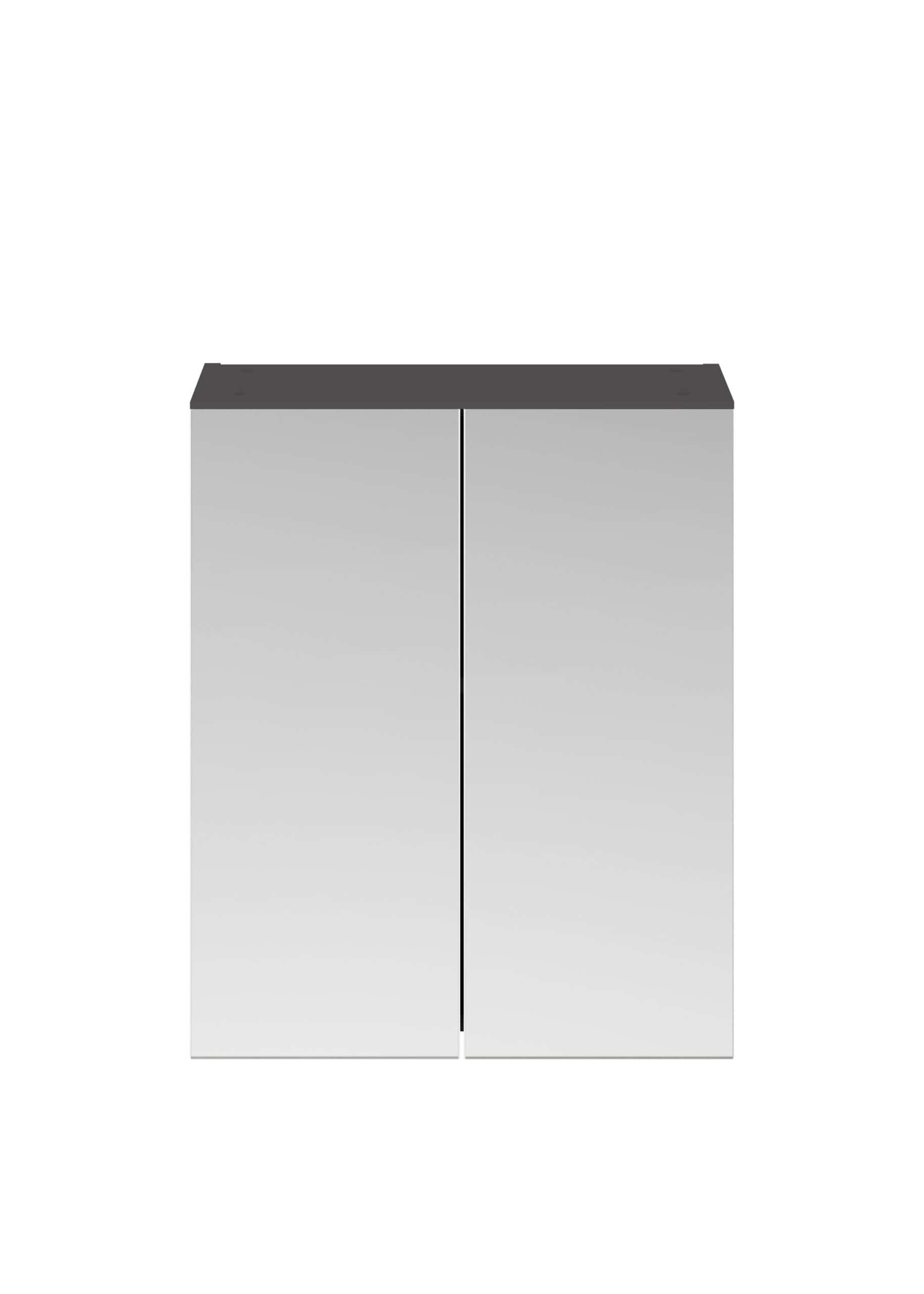 Modern bathroom cabinet with sleek silver finish and black tabletop, ideal for contemporary bathroom storage solutions, combining style and functionality.