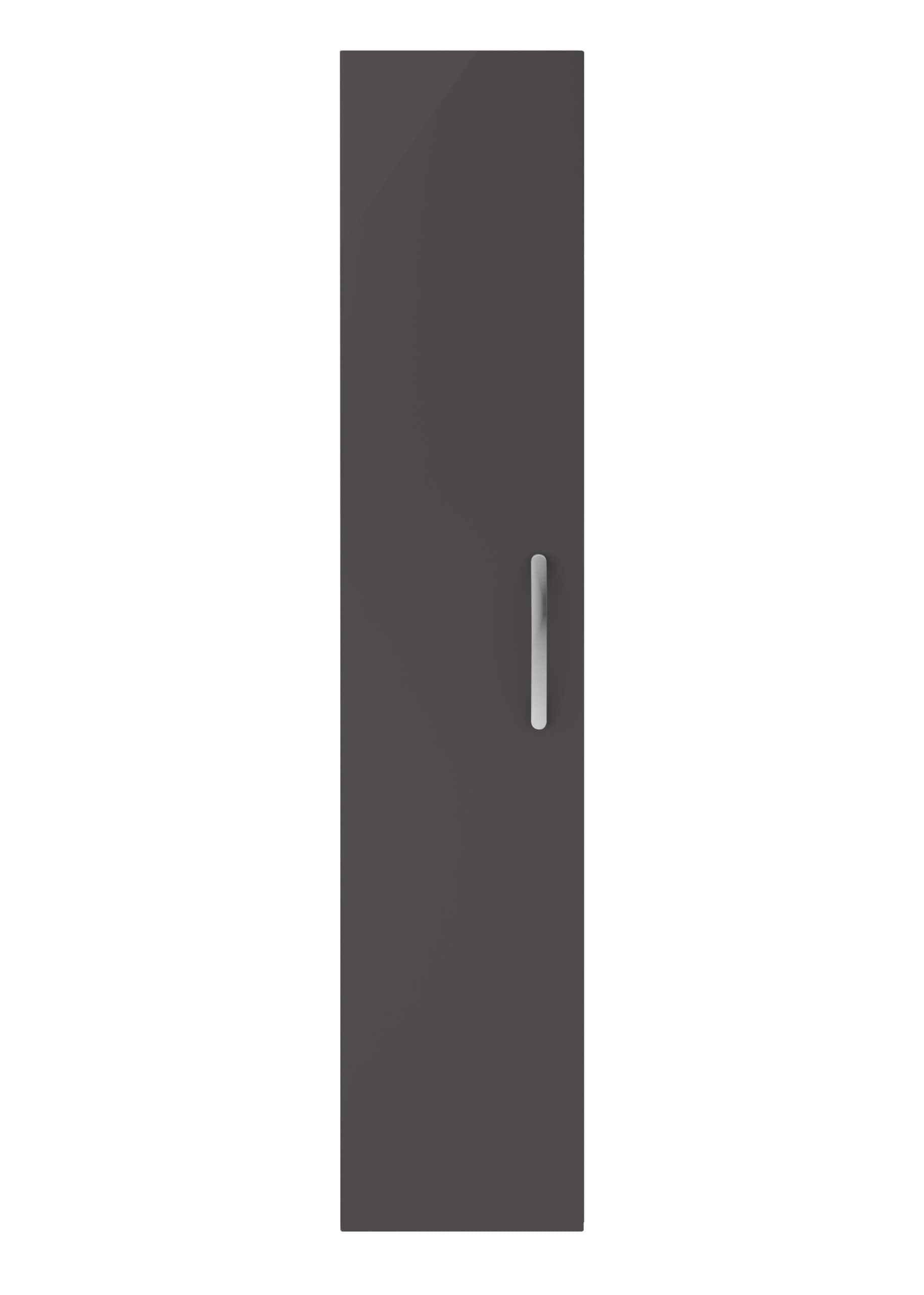 Modern grey bathroom cabinet with sleek silver handle, ideal for contemporary bathroom storage solutions.