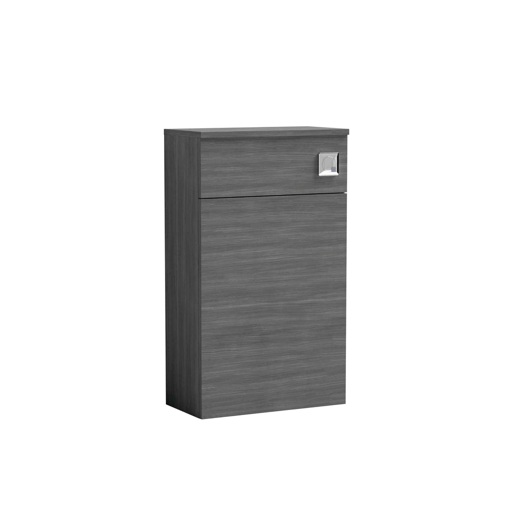 Sleek grey bathroom storage cabinet with soft-close drawers and integrated toilet paper holder, ideal for modern bathrooms.