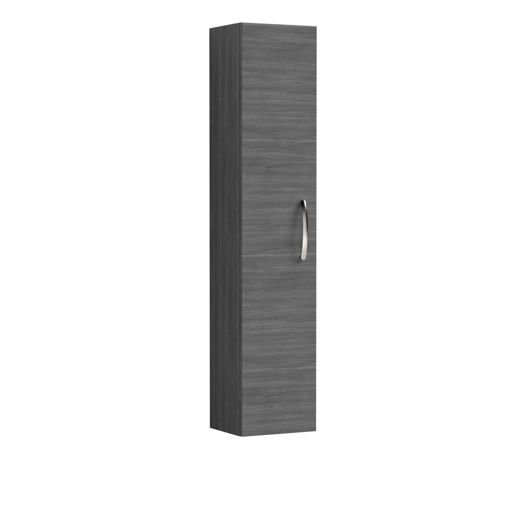 Slim grey bathroom cabinet with wood grain finish and curved metal handle, ideal for modern bathroom storage solutions.