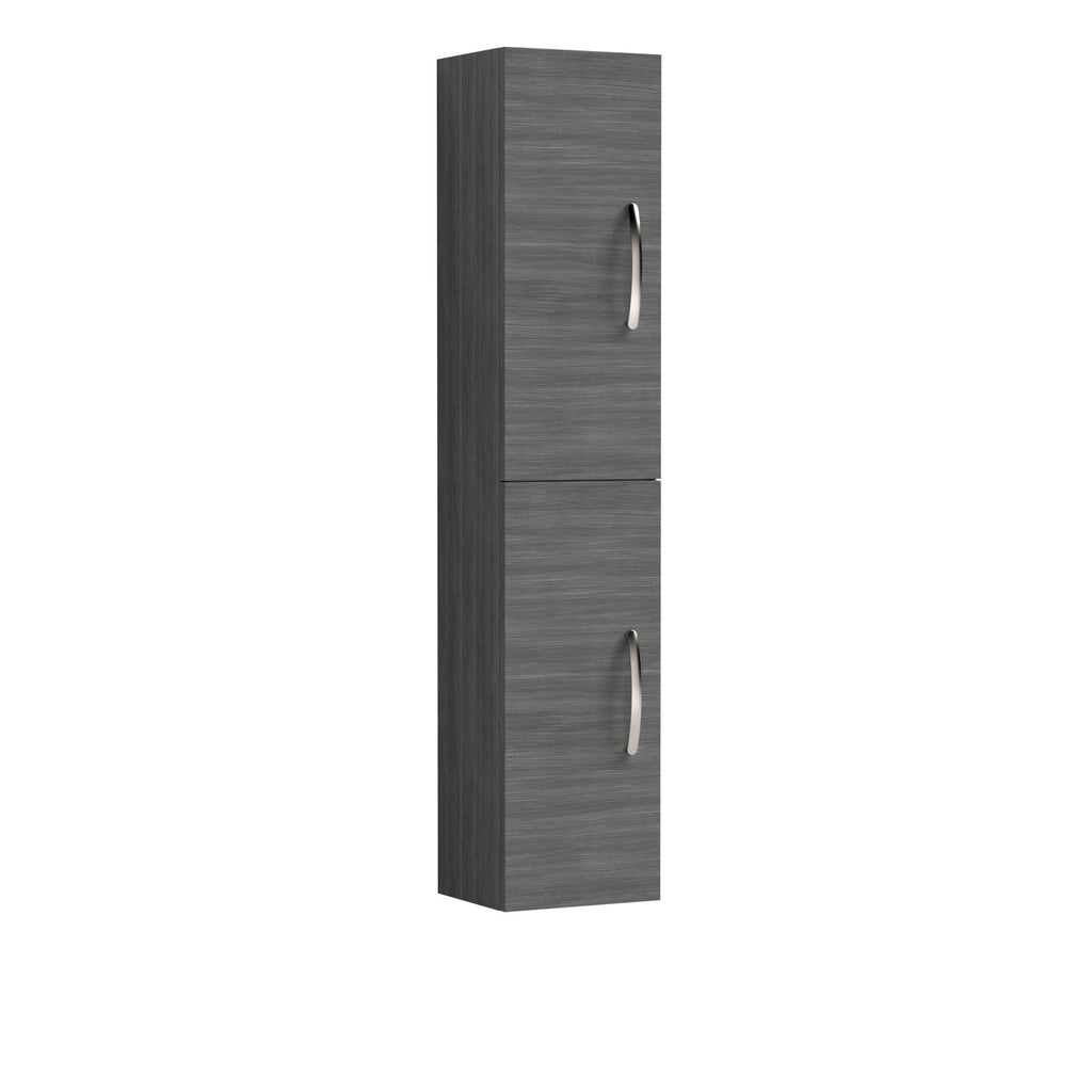 Sleek grey bathroom tall storage cabinet with modern curved handles, ideal for organising bathroom essentials in contemporary Bubly Bathrooms interiors.