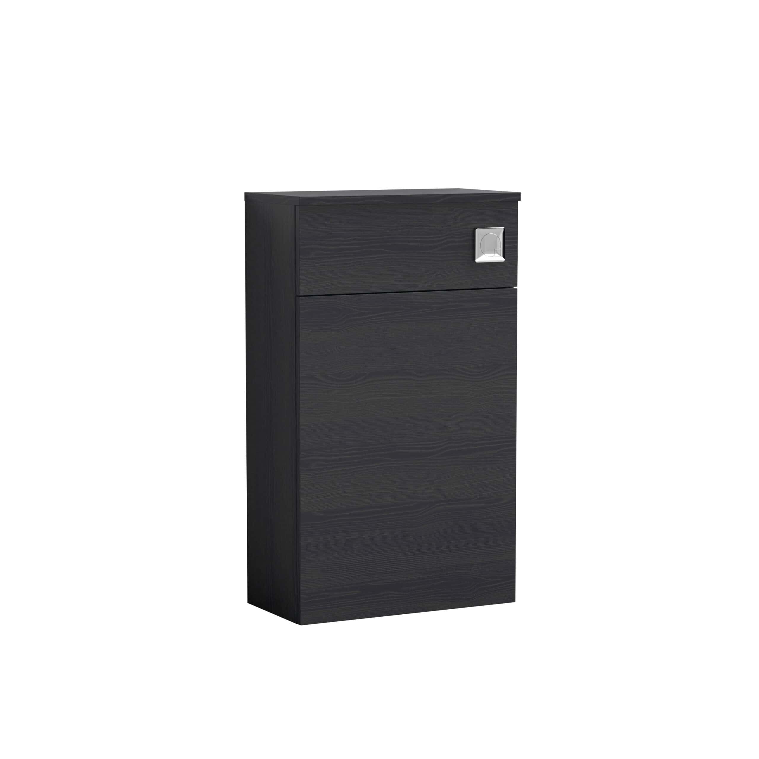 Black bathroom cabinet with sleek finish and modern silver handle, ideal for bathroom storage solutions. Perfect for organising toiletries and enhancing your bathroom decor.