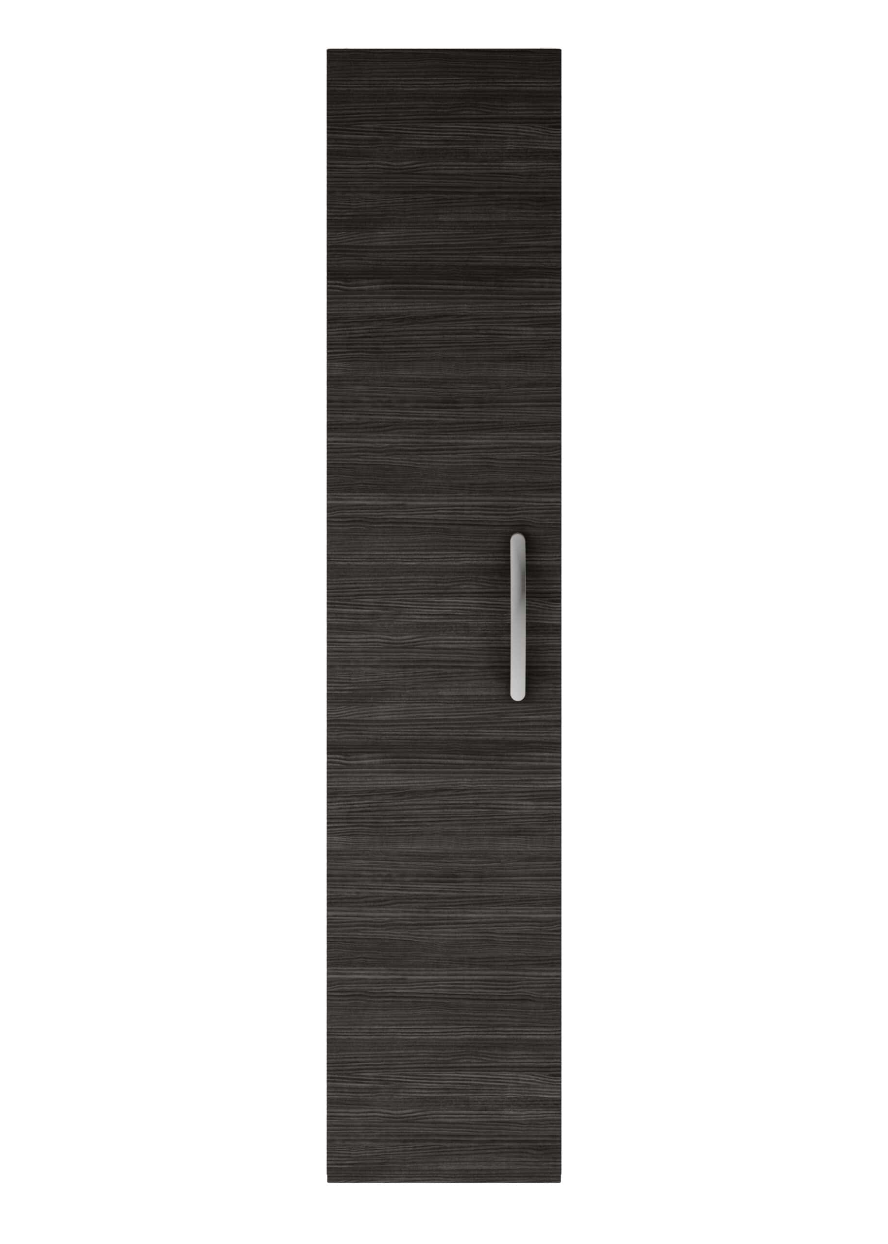 Sleek black wood-effect bathroom cabinet with minimalist silver handle, ideal for modern bathroom storage solutions. Durable, stylish, and spacious design.