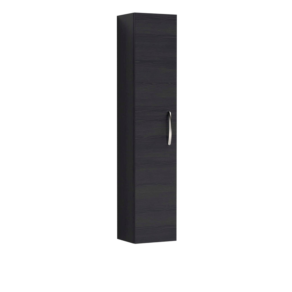 Black bathroom storage cabinet for modern bathrooms with sleek stainless steel handle. Perfect for organising toiletries and bathroom essentials in a stylish, space-saving design.