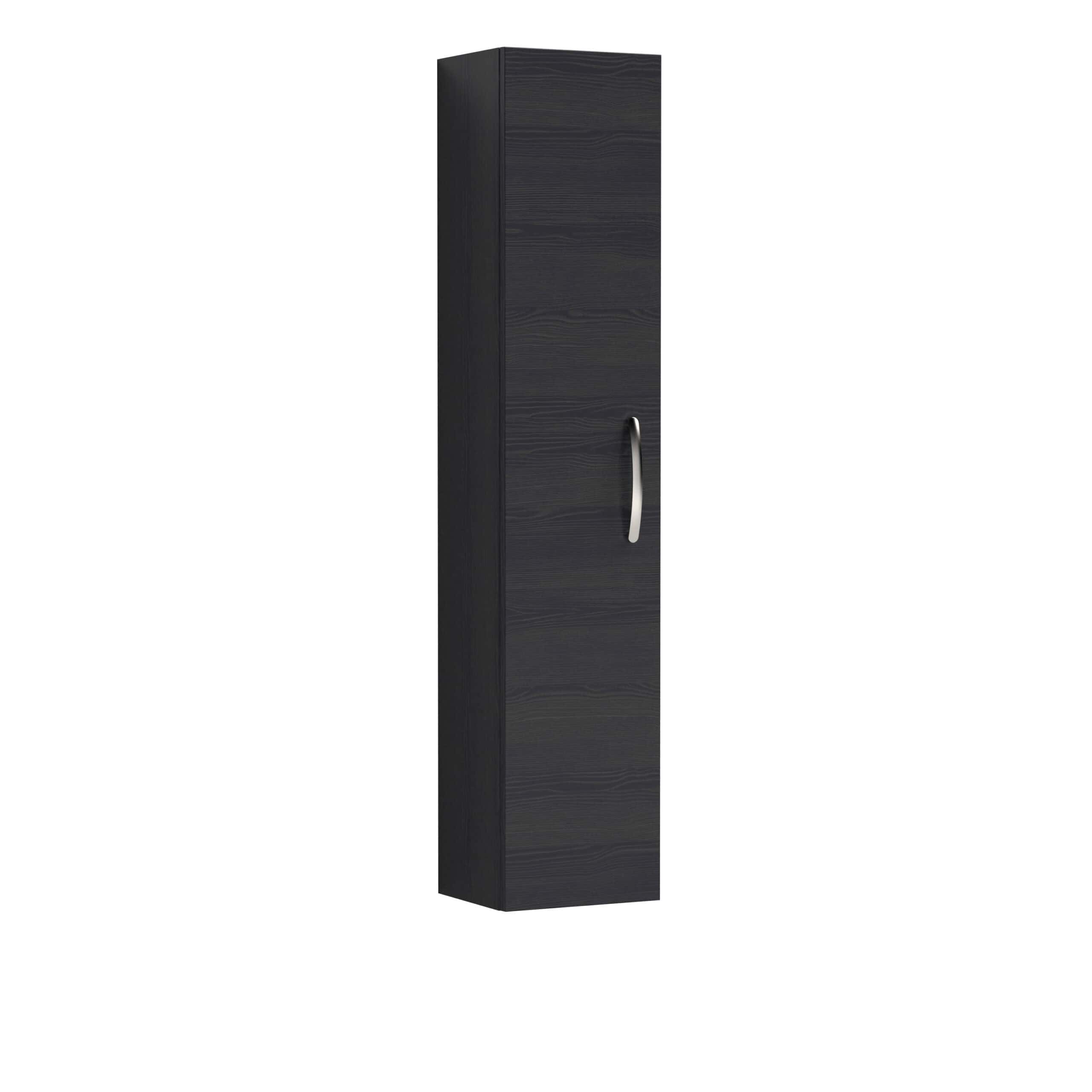 Black bathroom storage cabinet for modern bathrooms with sleek stainless steel handle. Perfect for organising toiletries and bathroom essentials in a stylish, space-saving design.