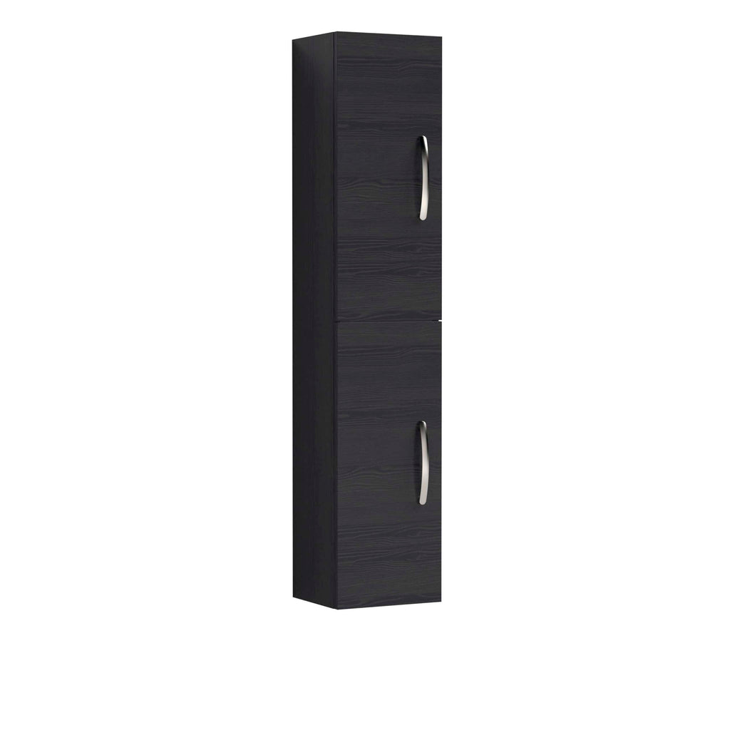 Slim black bathroom cabinet with silver handles, ideal for modern bathrooms, offering storage for toiletries and towels, maximise space and organisation.