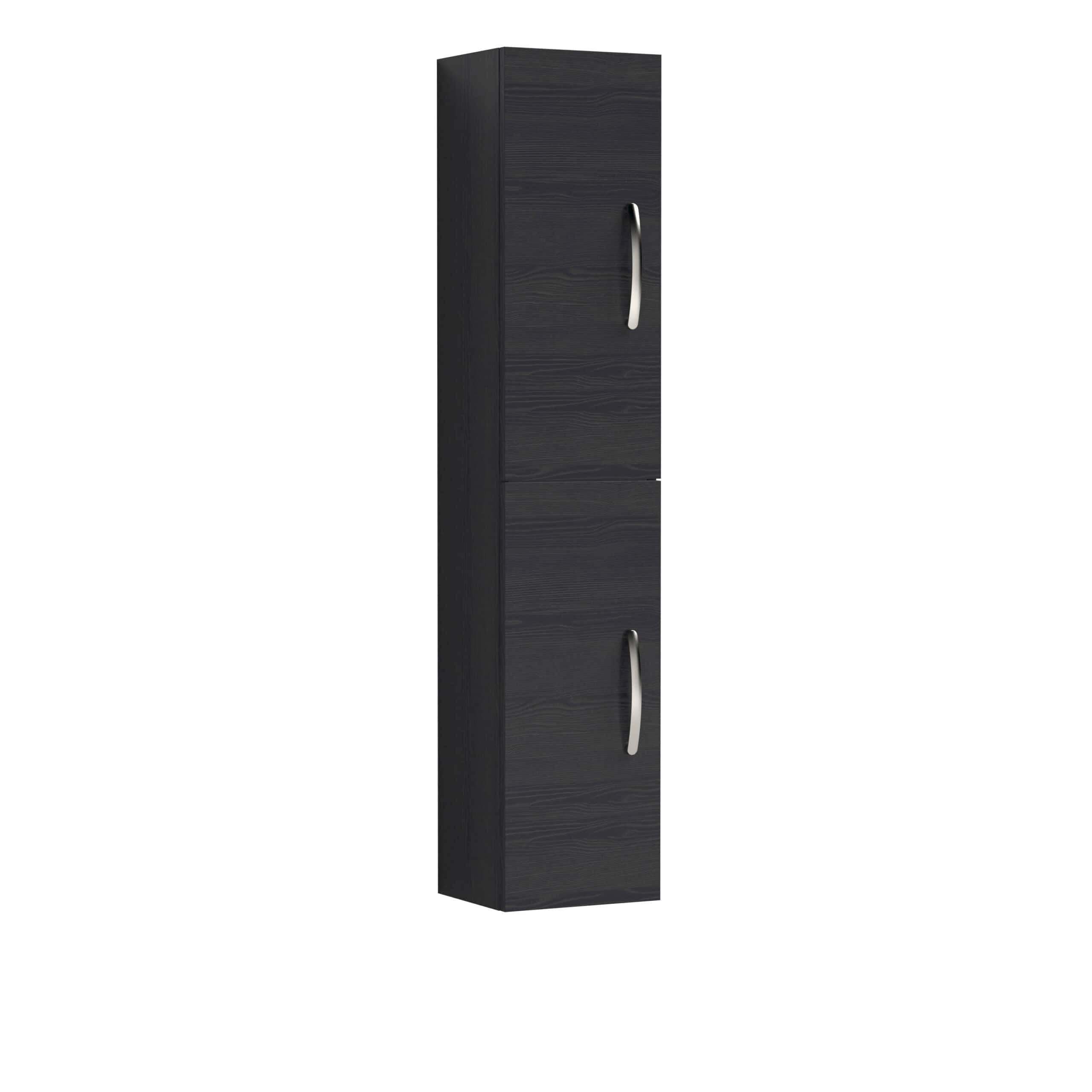 Slim black bathroom cabinet with silver handles, ideal for modern bathrooms, offering storage for toiletries and towels, maximise space and organisation.