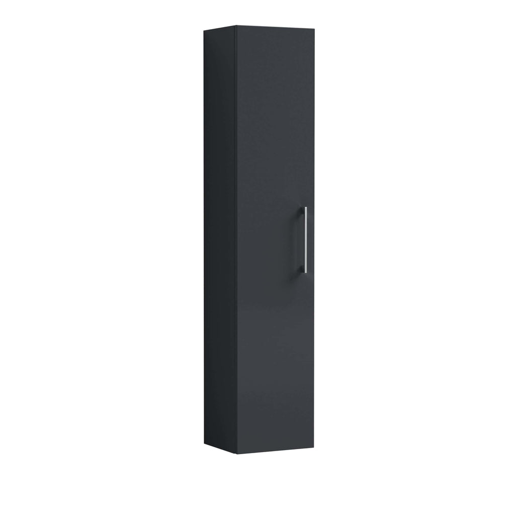 Sleek black bathroom storage cabinet with a modern handle, ideal for organising toiletries and bathroom essentials in contemporary bathroom designs.