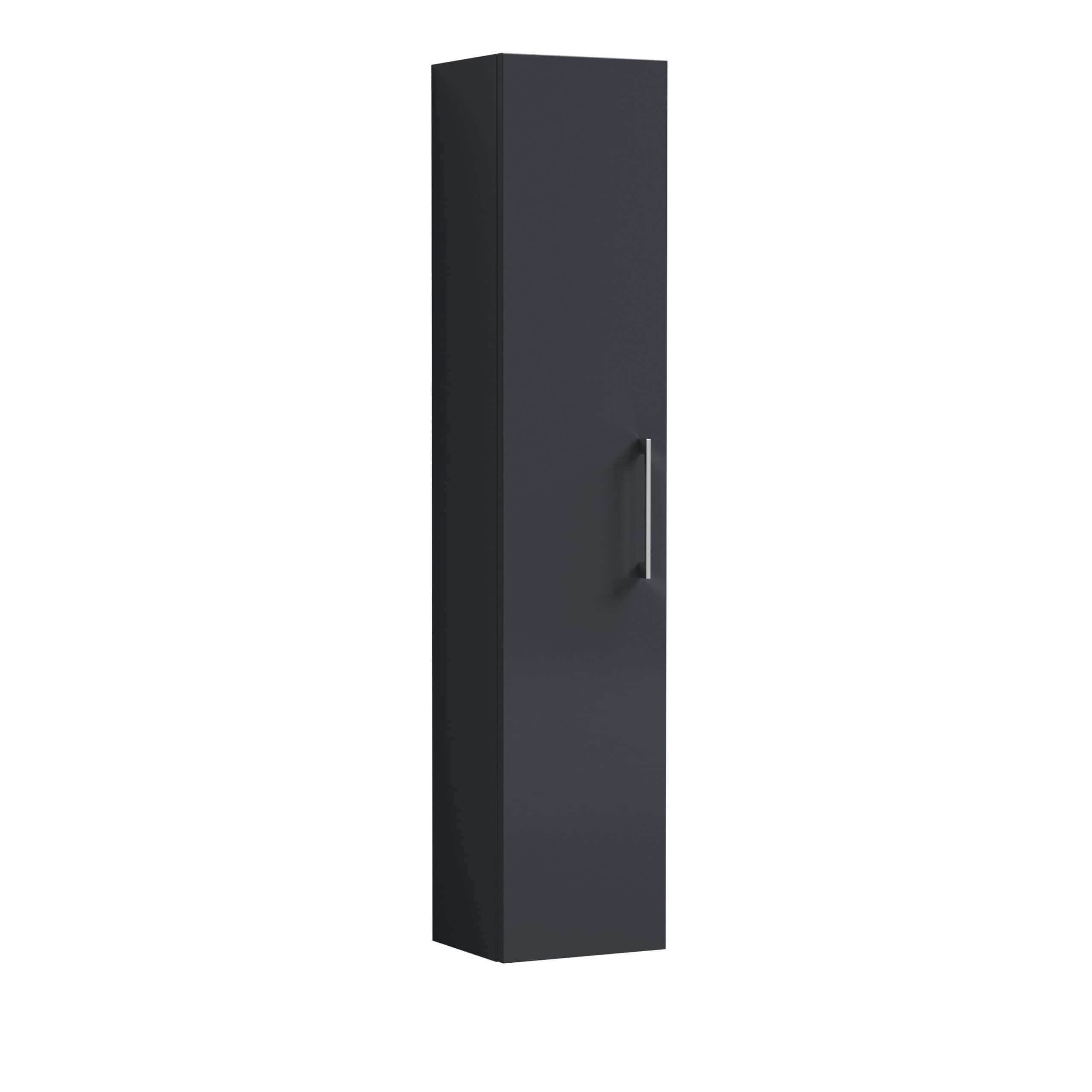 Sleek black bathroom storage cabinet with a modern handle, ideal for organising toiletries and bathroom essentials in contemporary bathroom designs.