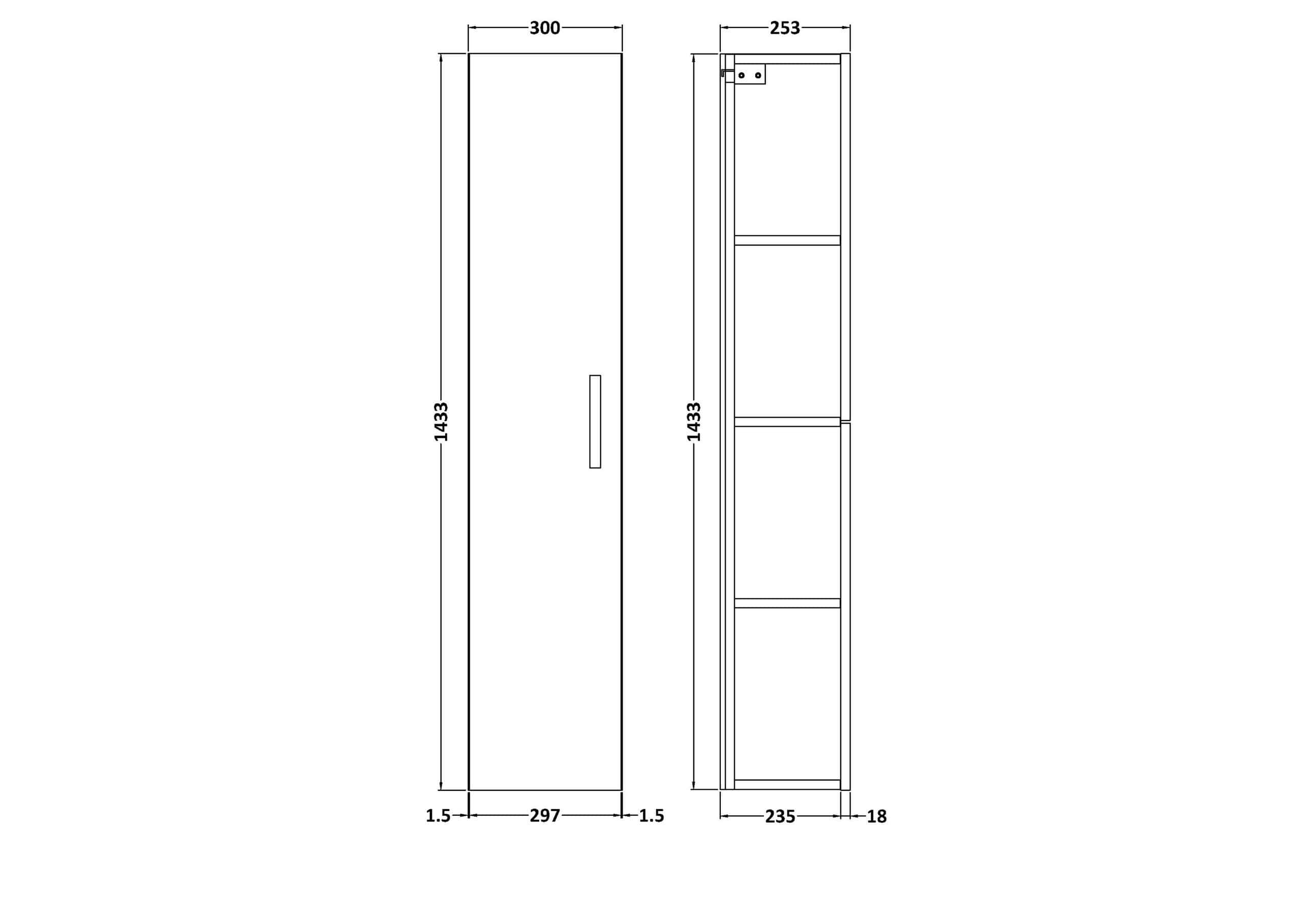 Slimline storage cabinet with internal shelving and modern handle for contemporary bathroom storage solutions.