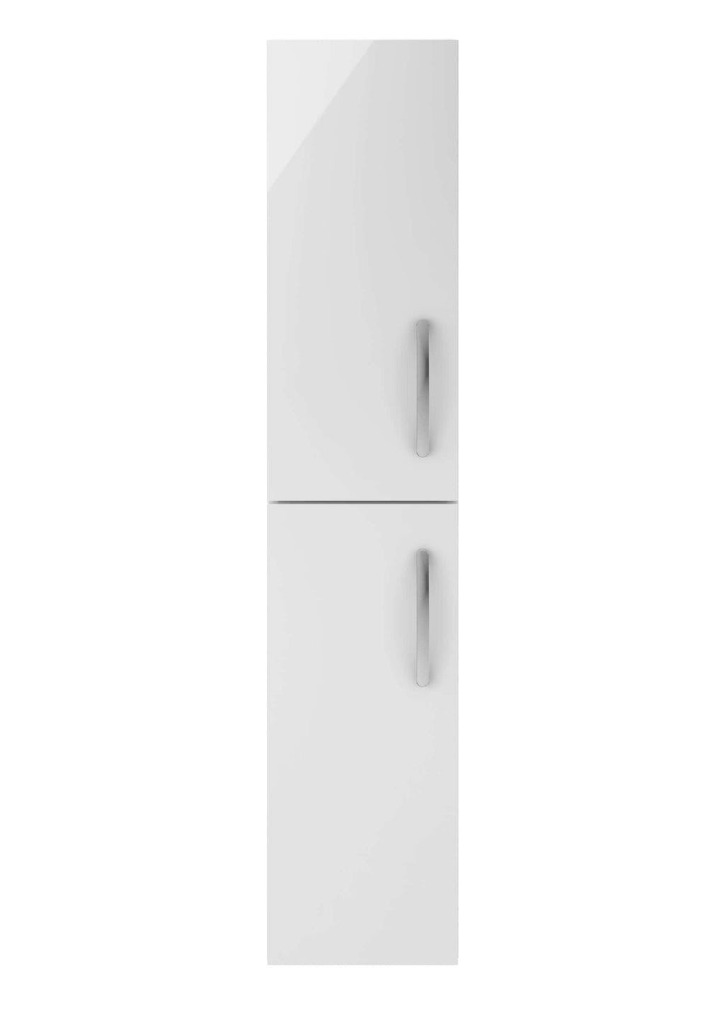 Sleek white bathroom storage cabinet with two doors and modern silver handles, ideal for organising bathroom essentials and adding contemporary style to your bathroom decor.