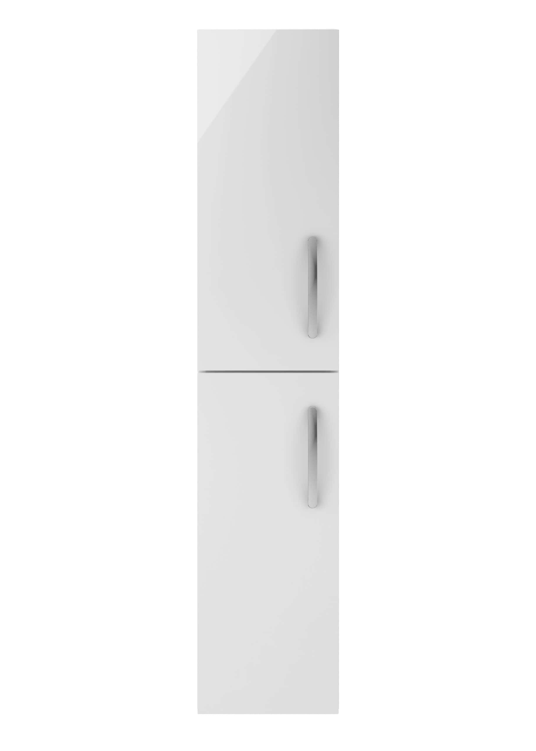 Sleek white bathroom storage cabinet with two doors and modern silver handles, ideal for organising bathroom essentials and adding contemporary style to your bathroom decor.