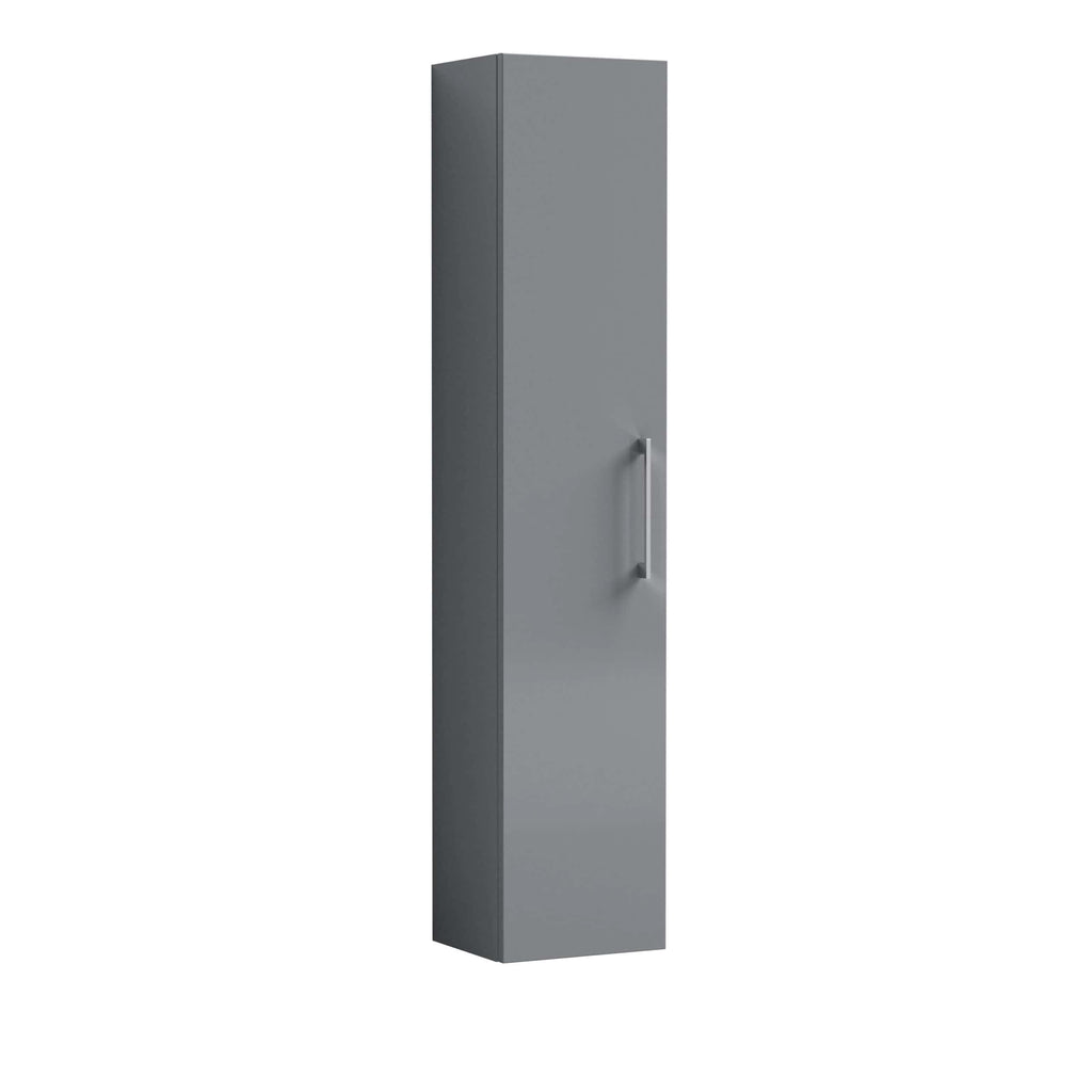 Sleek grey bathroom storage cabinet with modern handle, ideal for organising toiletries in contemporary bathroom designs. Perfect for space-saving bathroom storage solutions.