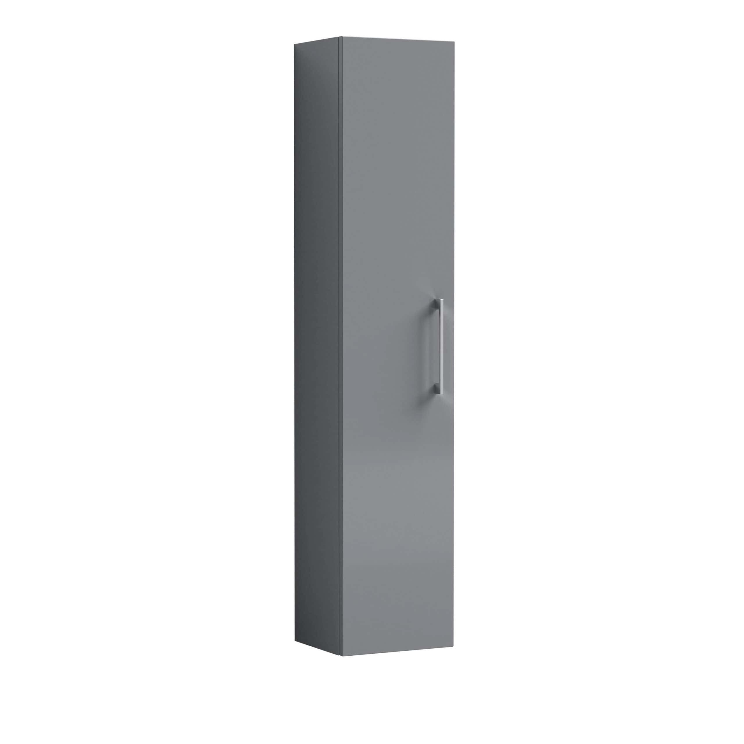 Sleek grey bathroom storage cabinet with modern handle, ideal for organising toiletries in contemporary bathroom designs. Perfect for space-saving bathroom storage solutions.