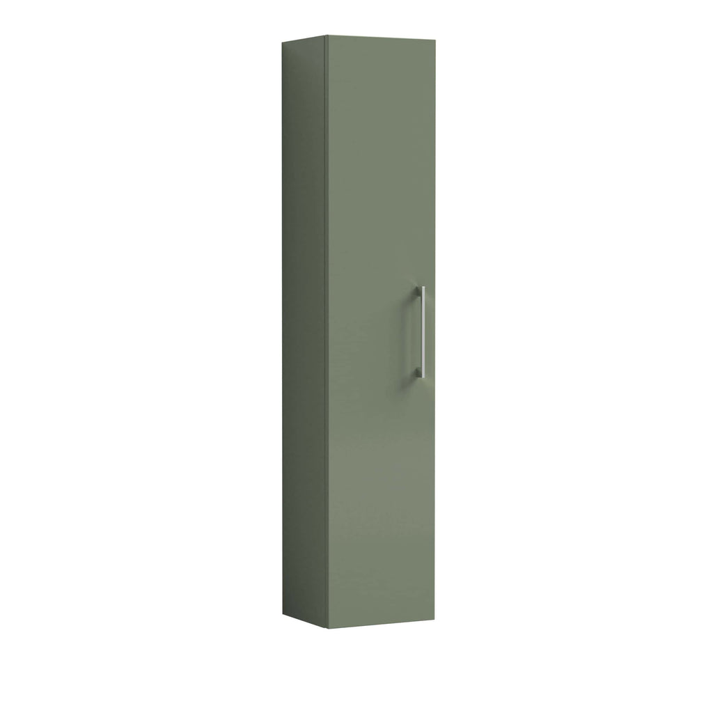 Sage green bathroom storage cabinet with sleek silver handle, modern and functional design for contemporary bathrooms. Perfect for organising toiletries and bathroom essentials.