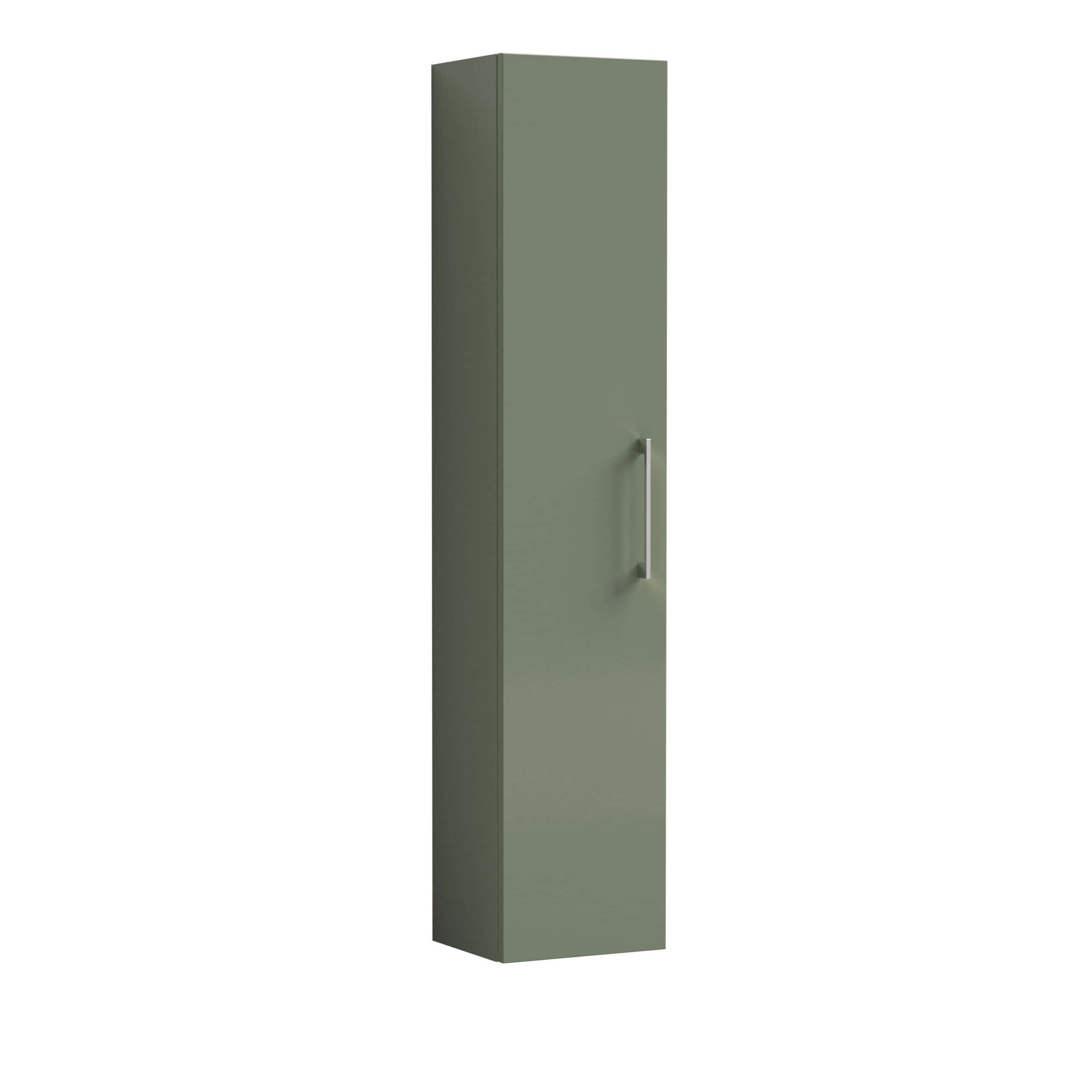 Sage green bathroom storage cabinet with sleek silver handle, modern and functional design for contemporary bathrooms. Perfect for organising toiletries and bathroom essentials.