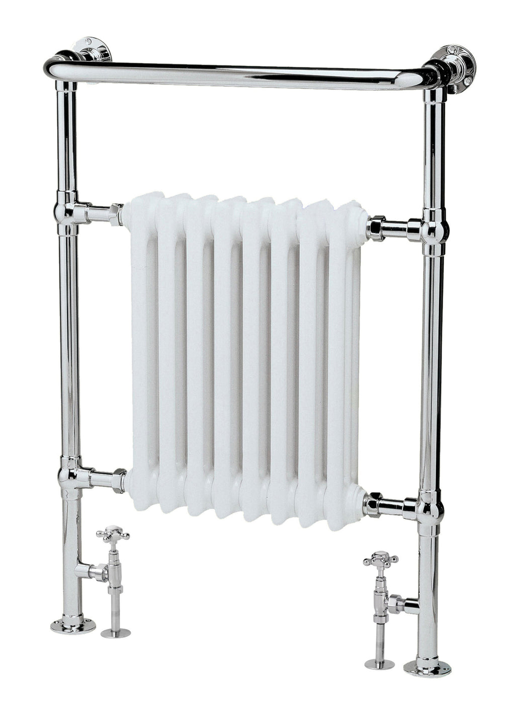 Chrome radiator with traditional vertical panel design, perfect for classic and modern bathrooms, offering efficient heating and stylish aesthetics.