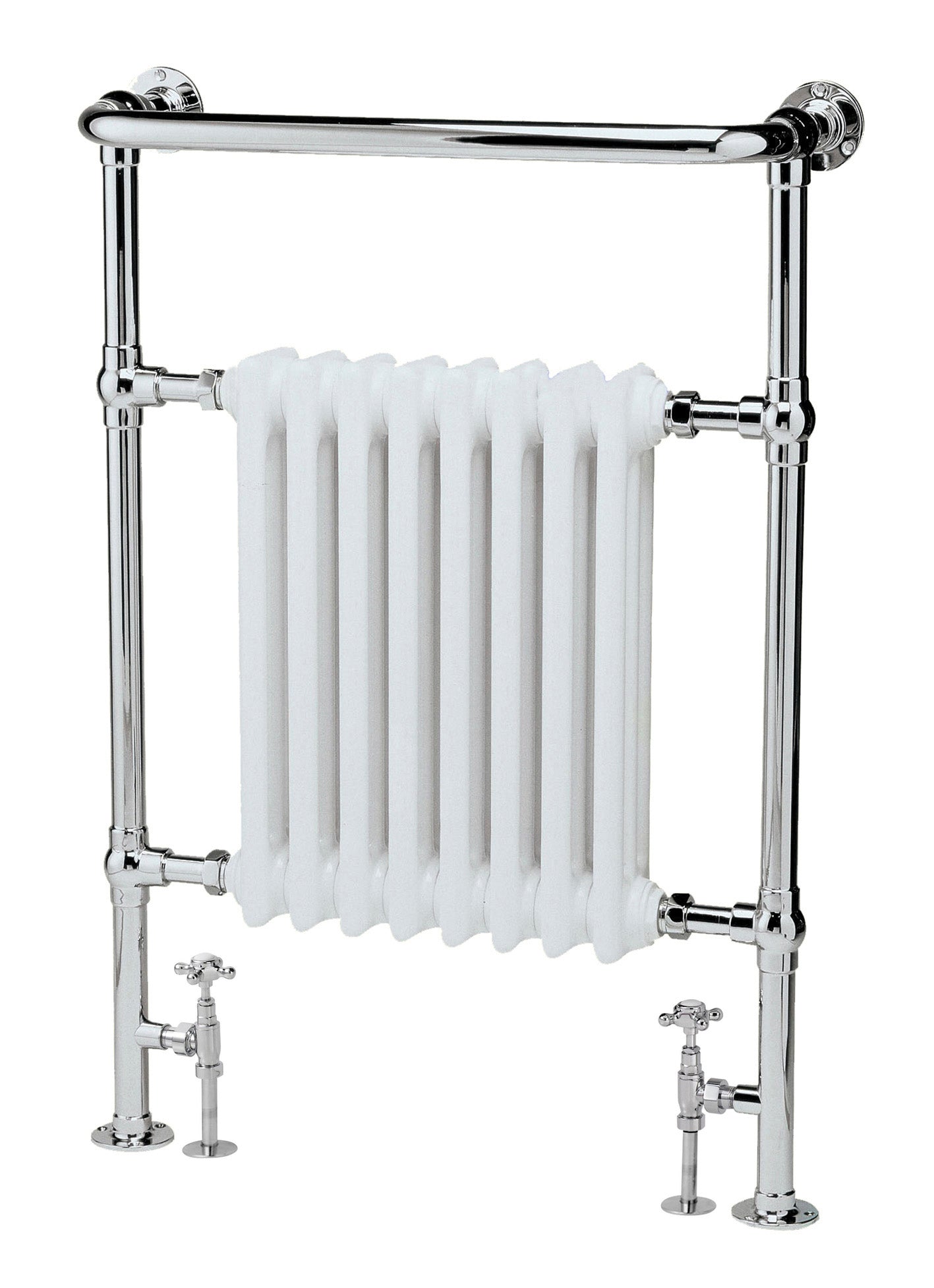 Chrome radiator with traditional vertical panel design, perfect for classic and modern bathrooms, offering efficient heating and stylish aesthetics.