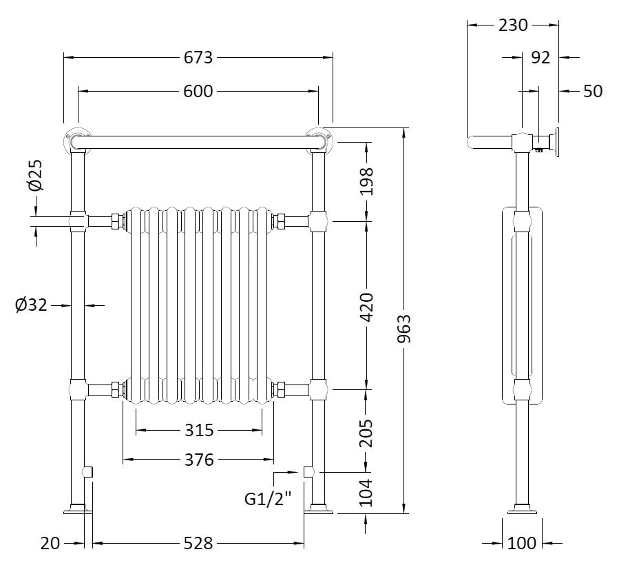 Aluminium heated towel rail in a bathroom setting, showcasing detailed dimensions and industrial plumbing design for efficient warmth and drying.