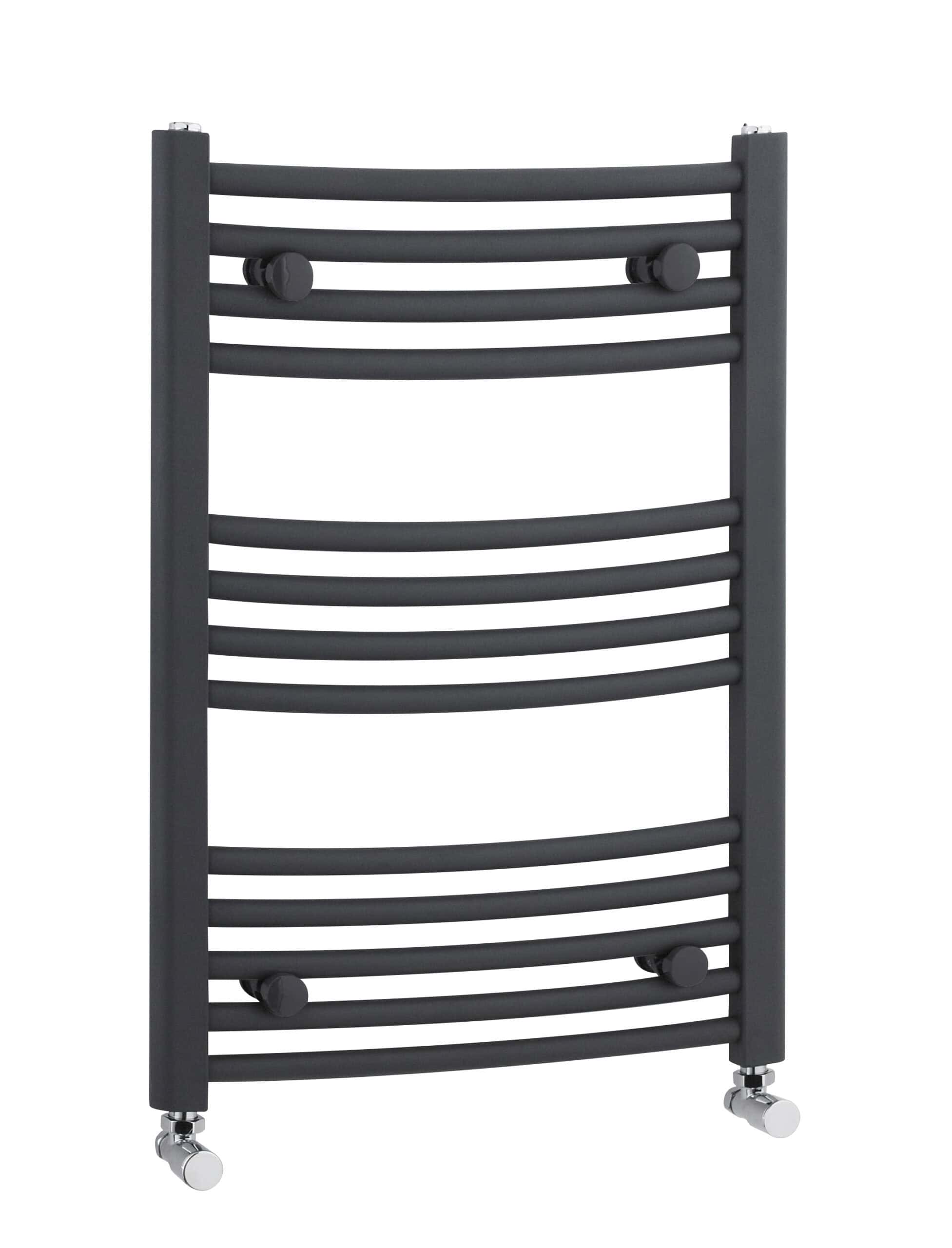 Luxurious black towel radiator with multiple horizontal bars, perfect for modern bathrooms, featuring sturdy design and easy mobility with castor wheels for efficient towel drying and heating.