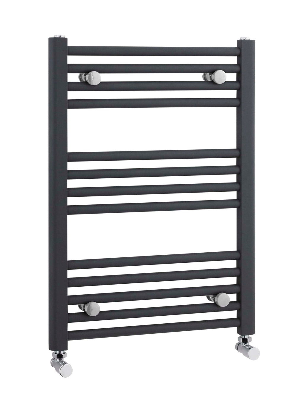 Black towel radiator with multiple horizontal bars and caster wheels for easy mobility, ideal for modern bathrooms.