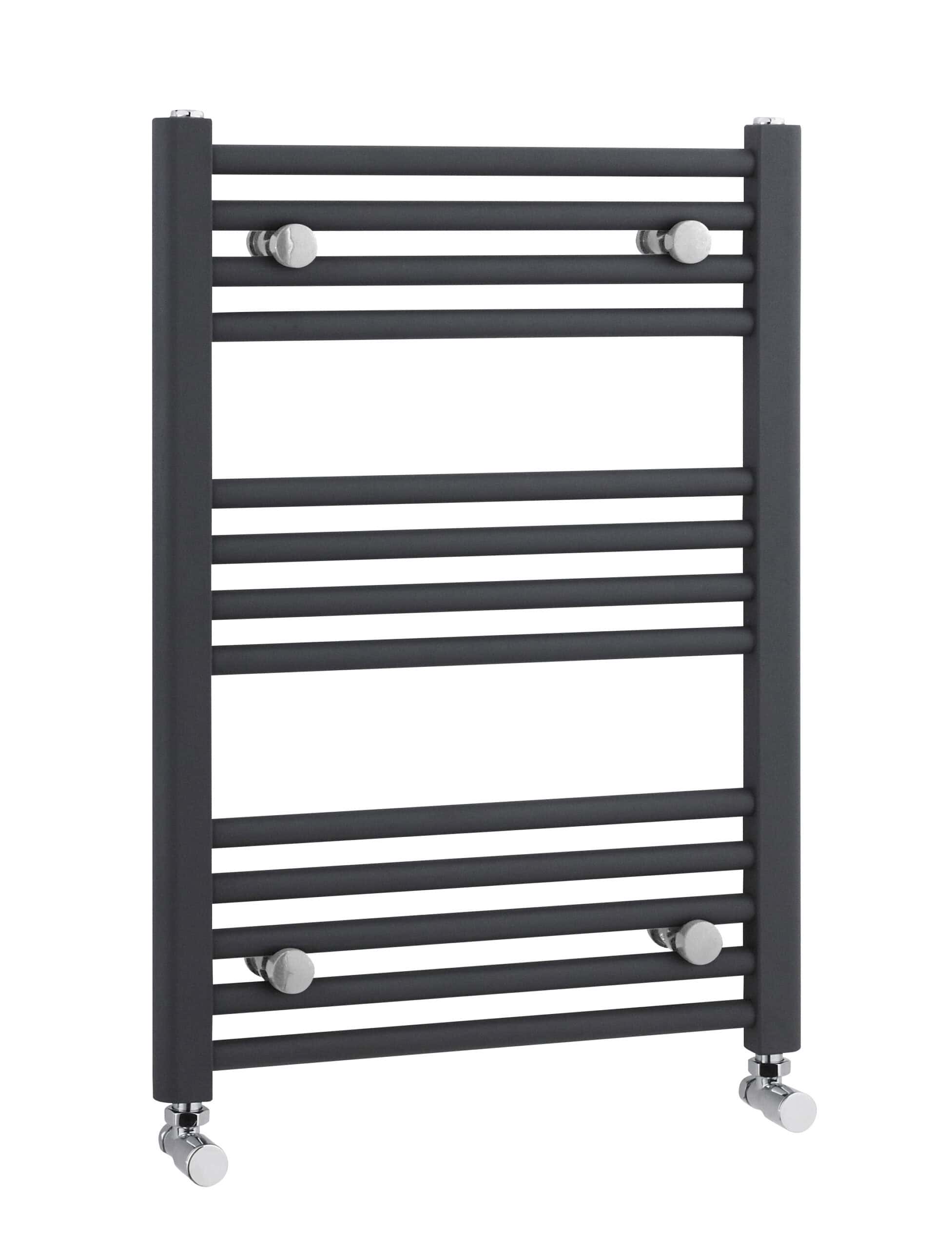 Black towel radiator with multiple horizontal bars and caster wheels for easy mobility, ideal for modern bathrooms.