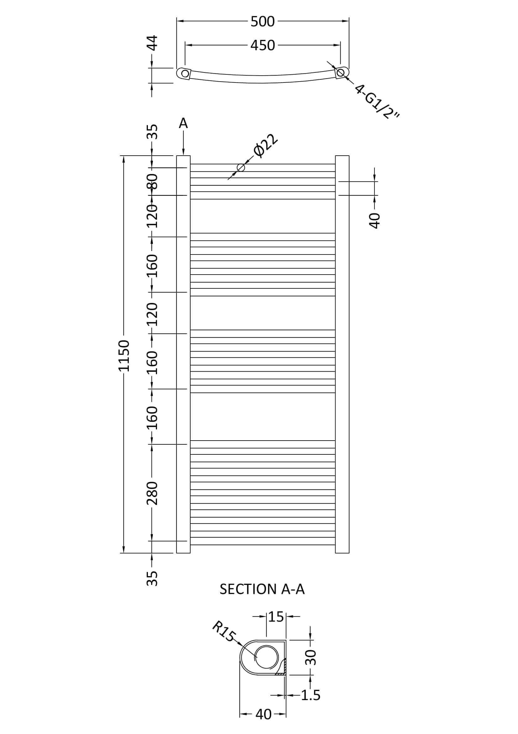 Aluminium bathroom towel radiator with heated towel rails, front view and detailed dimensions for installation.