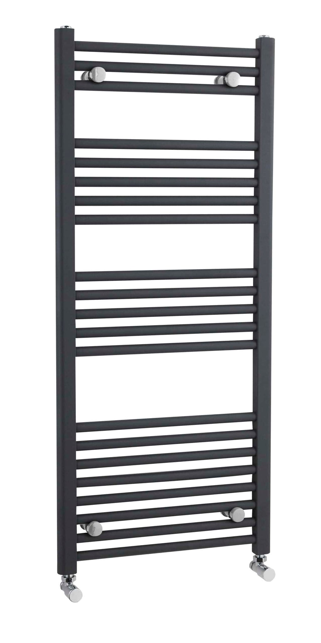 Modern black heated towel rail radiator for bathroom warmth and style.