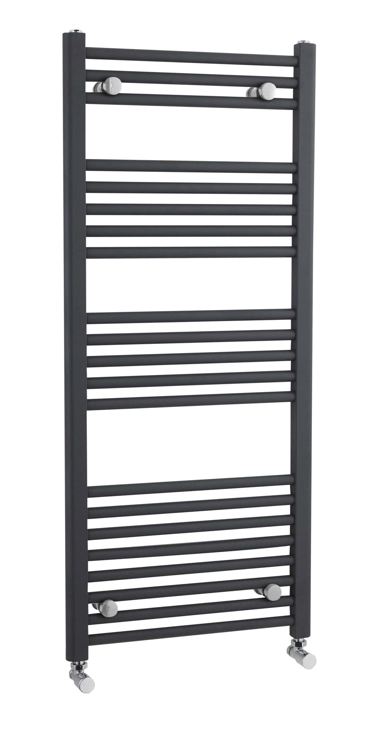 Modern black heated towel rail radiator for bathroom warmth and style.