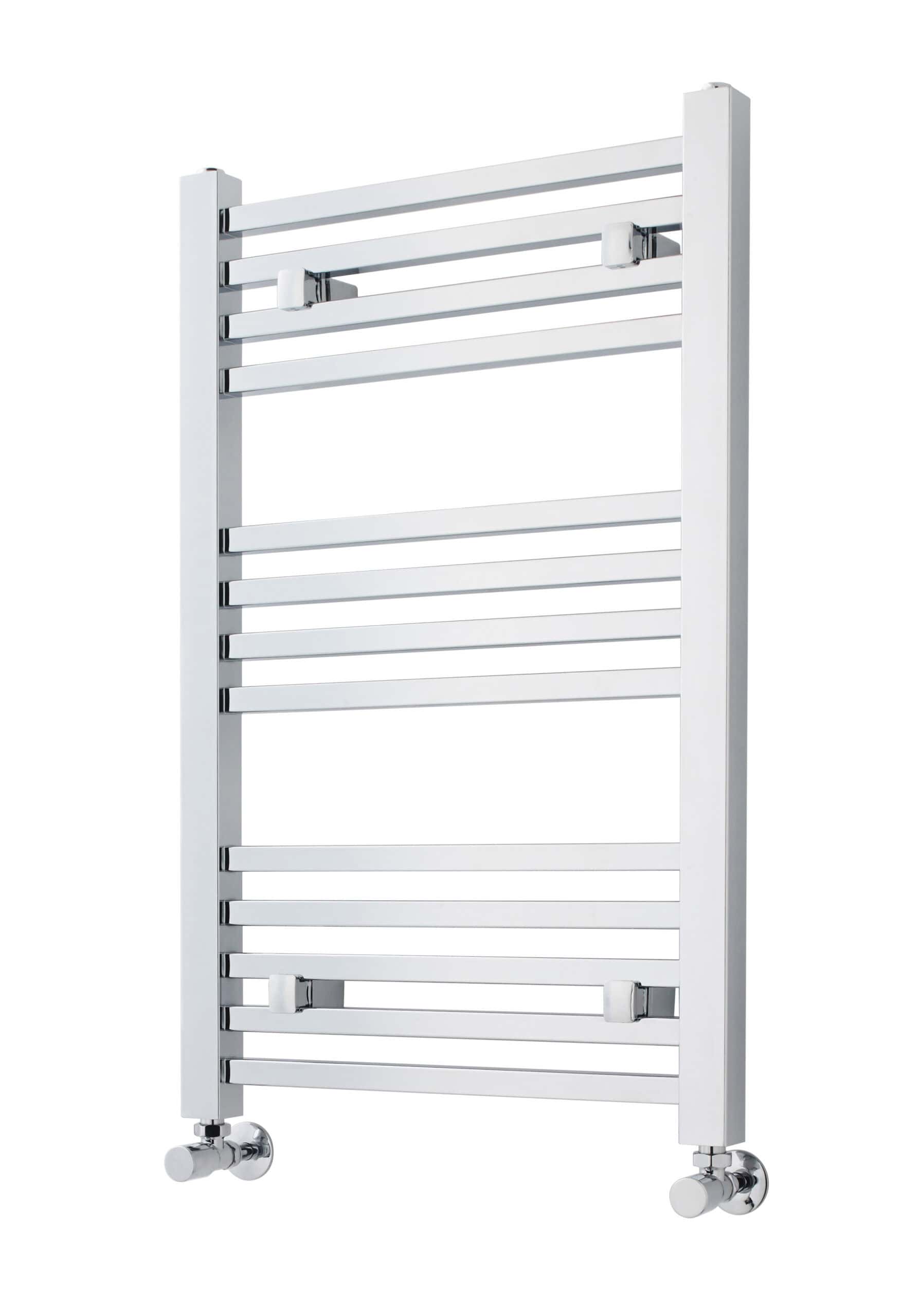 Radiator towel warmer for bathroom, white heated towel rail, modern bathroom radiator, chrome finish, efficient heating solution for bathrooms.
